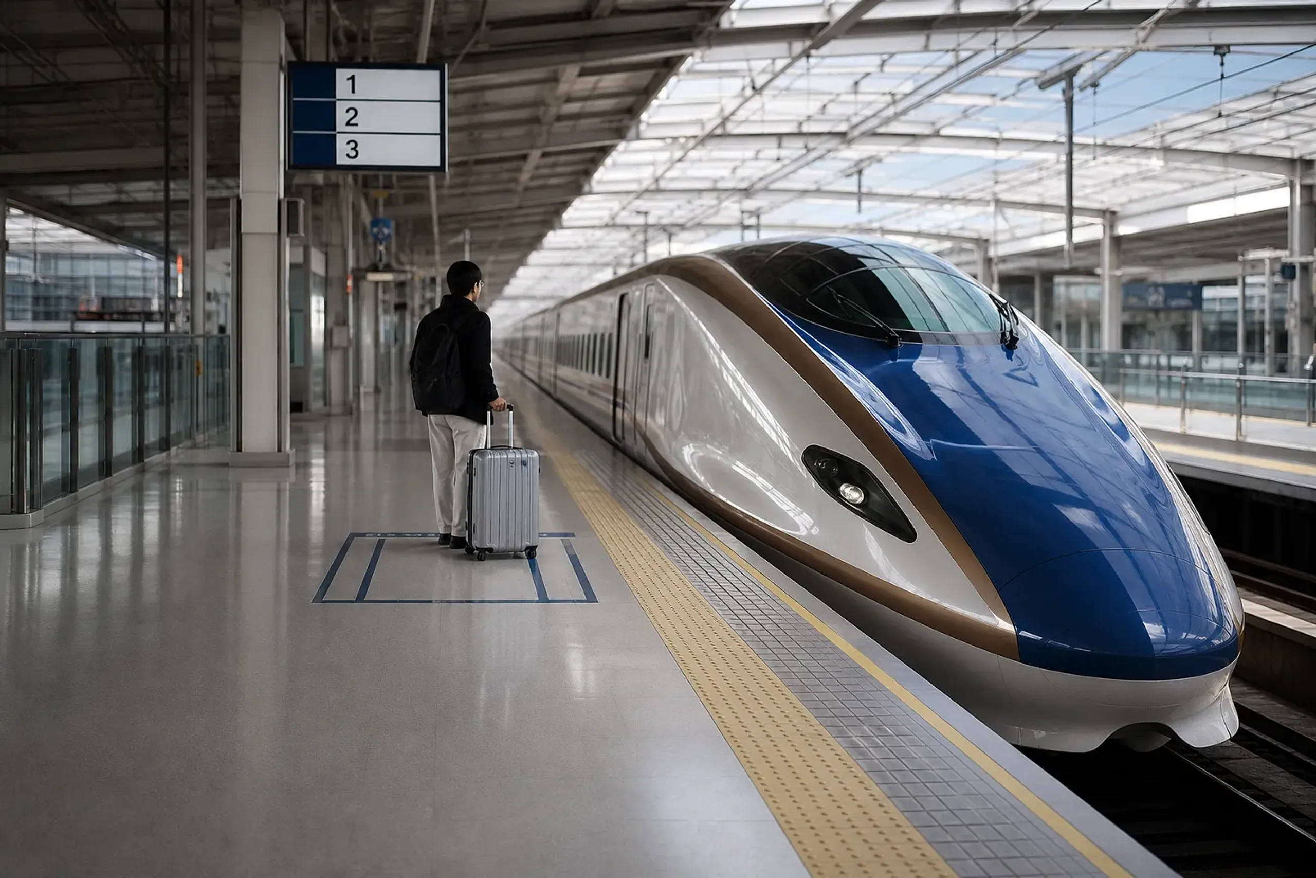 Tokaido Shinkansen at a station platform with signage and a traveler standing with a large suitcase