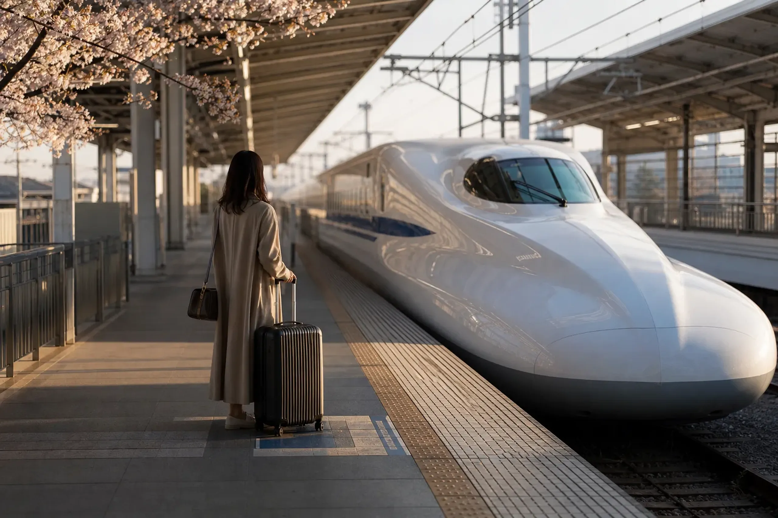Tokaido Shinkansen at a station platform with signage and a traveler standing with a large suitcase