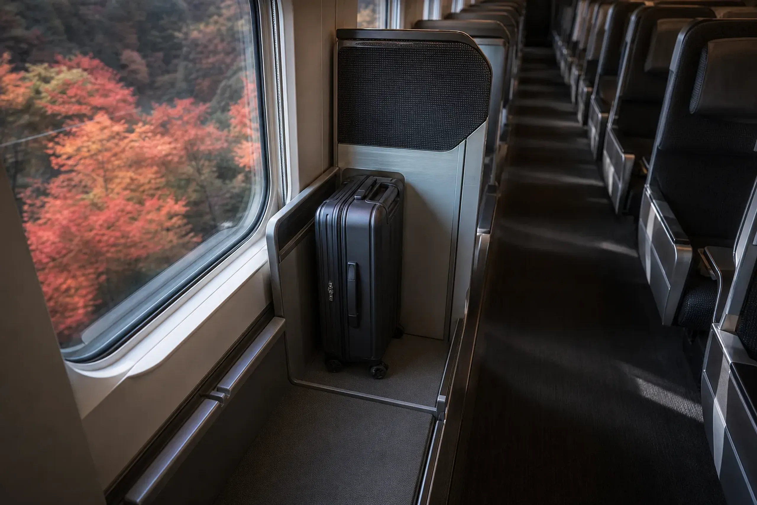 a reserved oversized-baggage compartment seat at the rear of a Tokaido Shinkansen car, with a single slim forward-shipped suitcase stowed neatly in the designated space