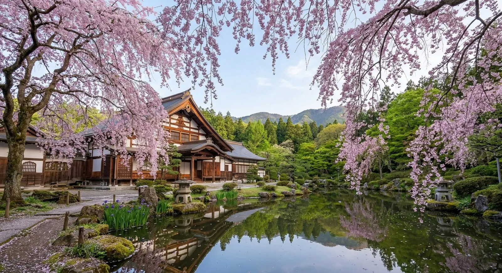 A serene, private view of weeping cherry blossoms over a traditional samurai estate in Tohoku, Japan.