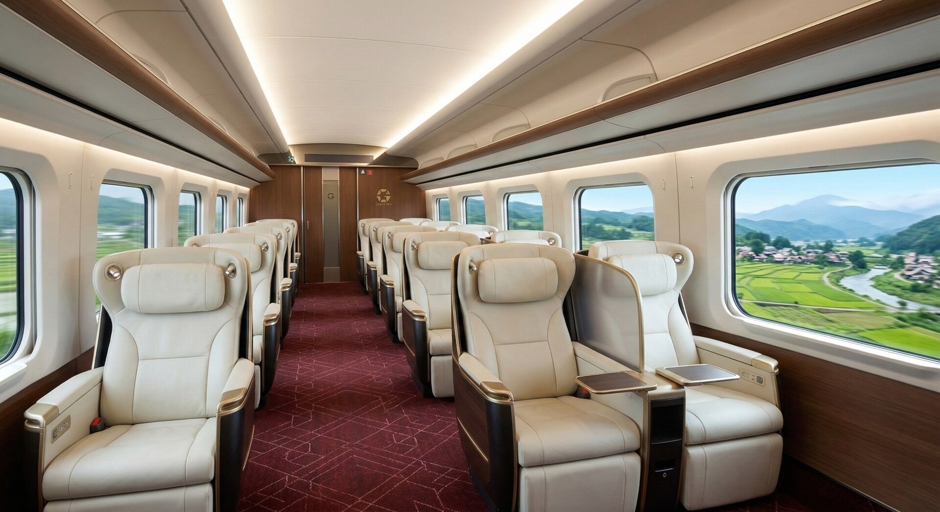 The spacious and elegant interior of the Shinkansen Hayabusa Gran Class cabin.