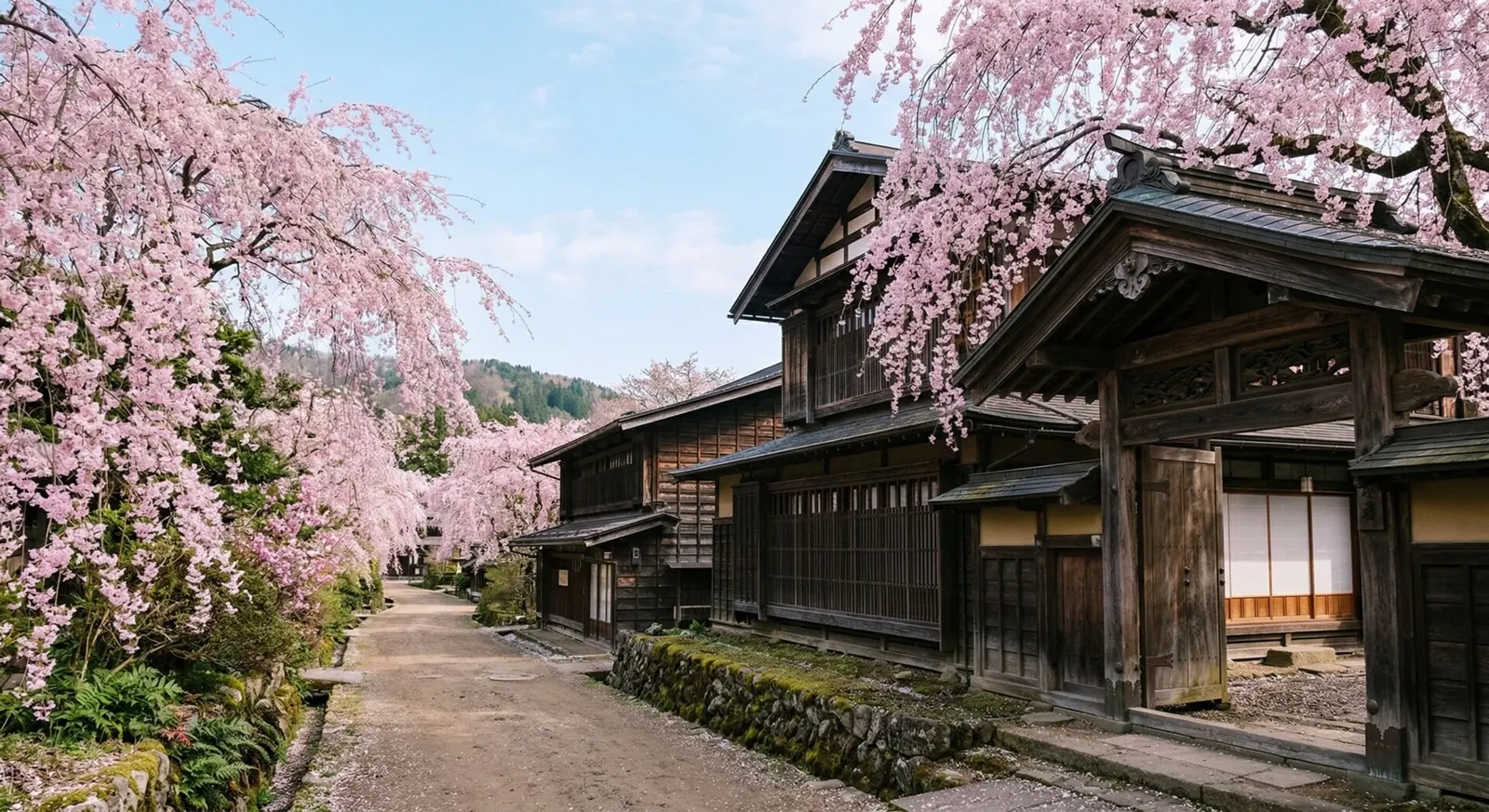 Traditional dark wood samurai houses in Kakunodate framed by vibrant weeping cherry blossoms.