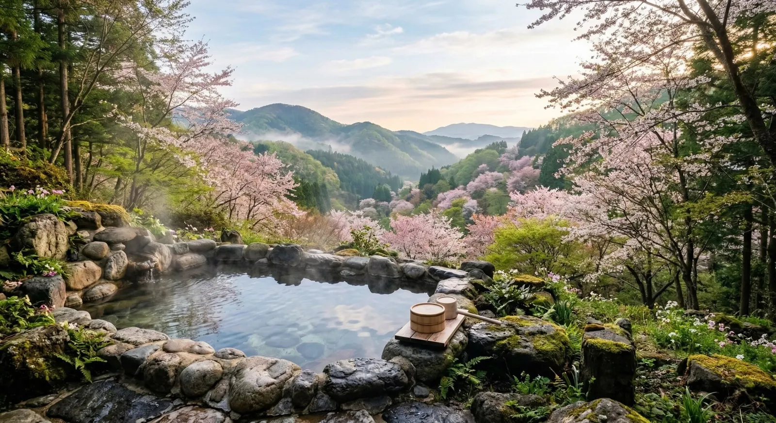 A private, open-air stone hot spring bath overlooking a serene natural landscape in northern Japan.