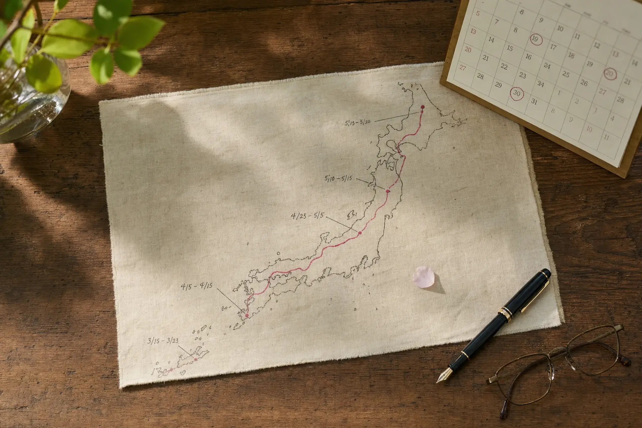 A wall calendar and desk map of the Japanese archipelago marked with the northward-sweeping cherry blossom front from Okinawa through Kyushu and Honshu to Hokkaido