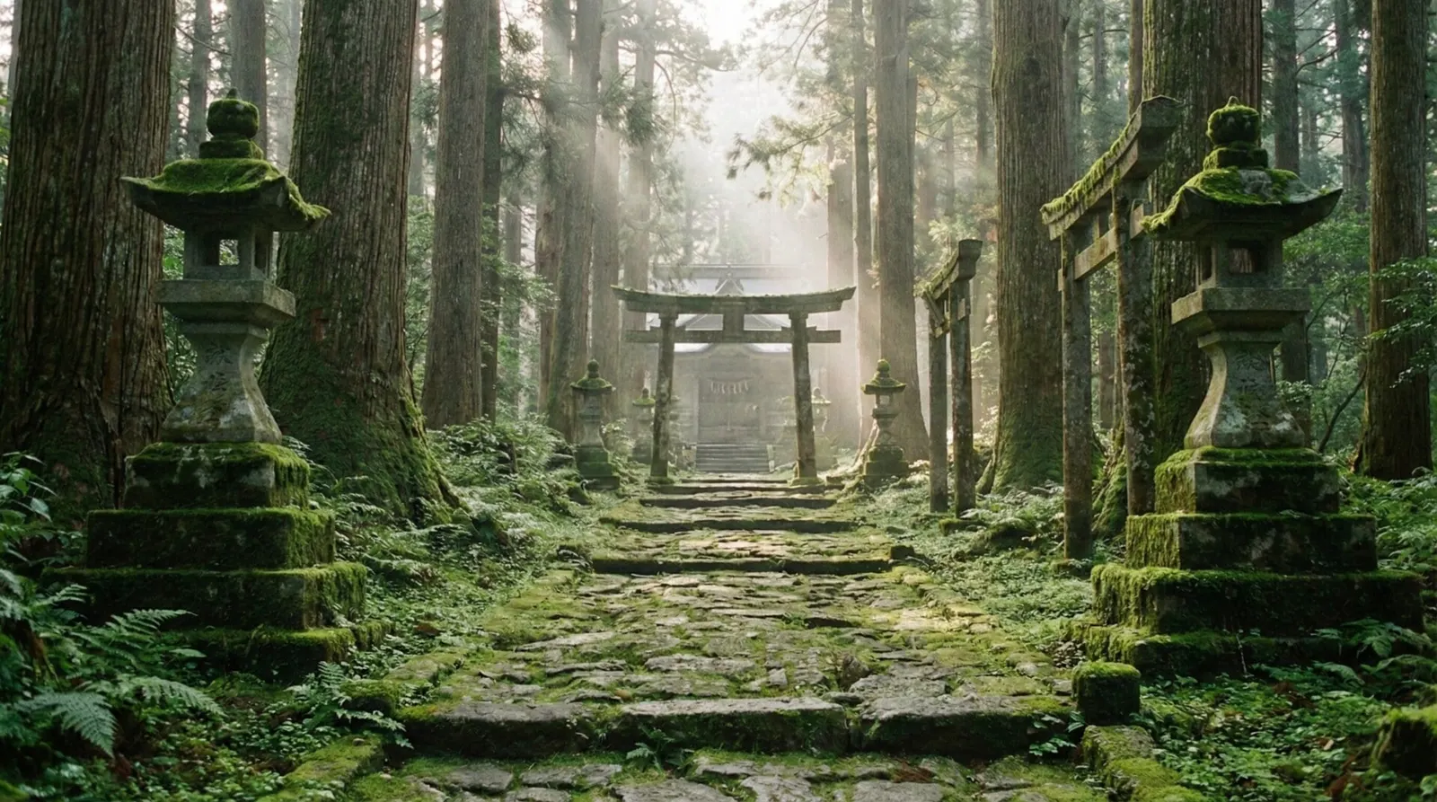 Peaceful forest path leading to a Shinto shrine surrounded by moss and lanterns.