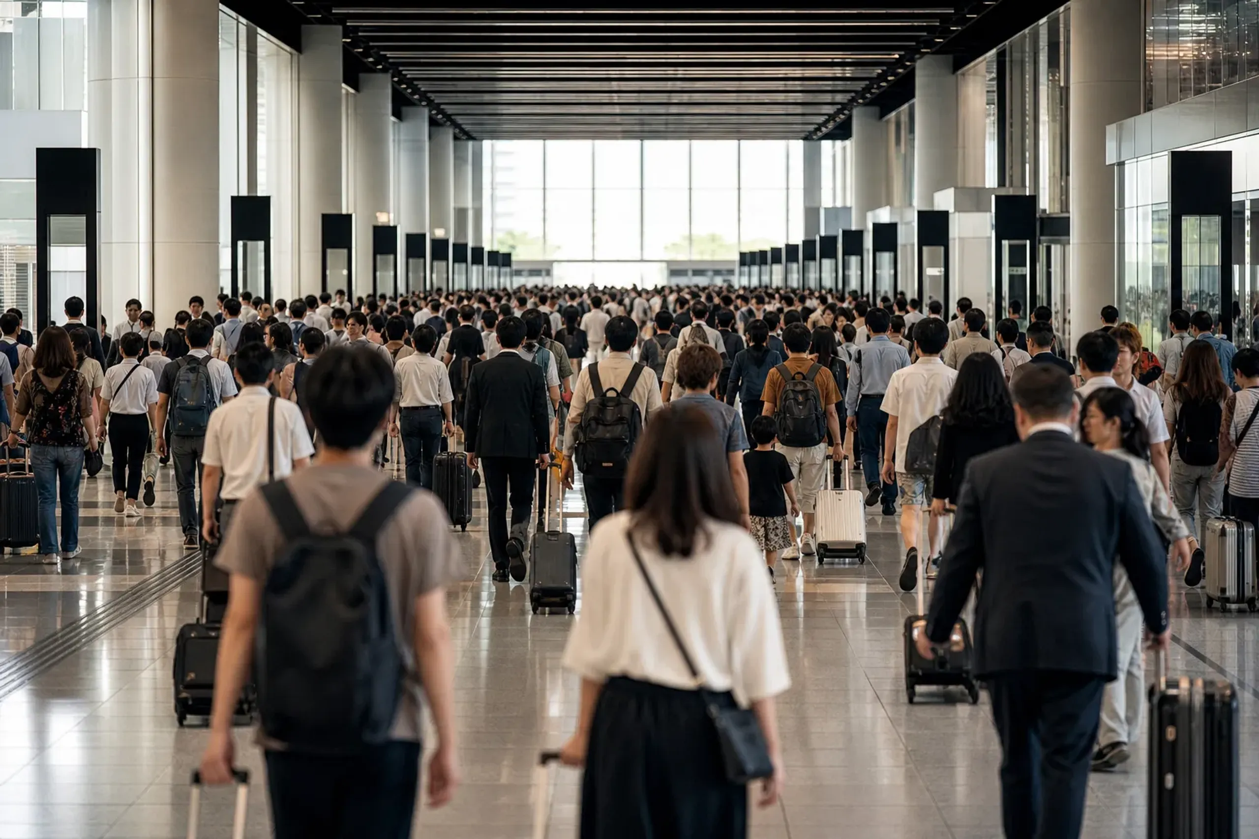 Crowds moving through a Tokyo station concourse during Japan’s summer holiday travel period