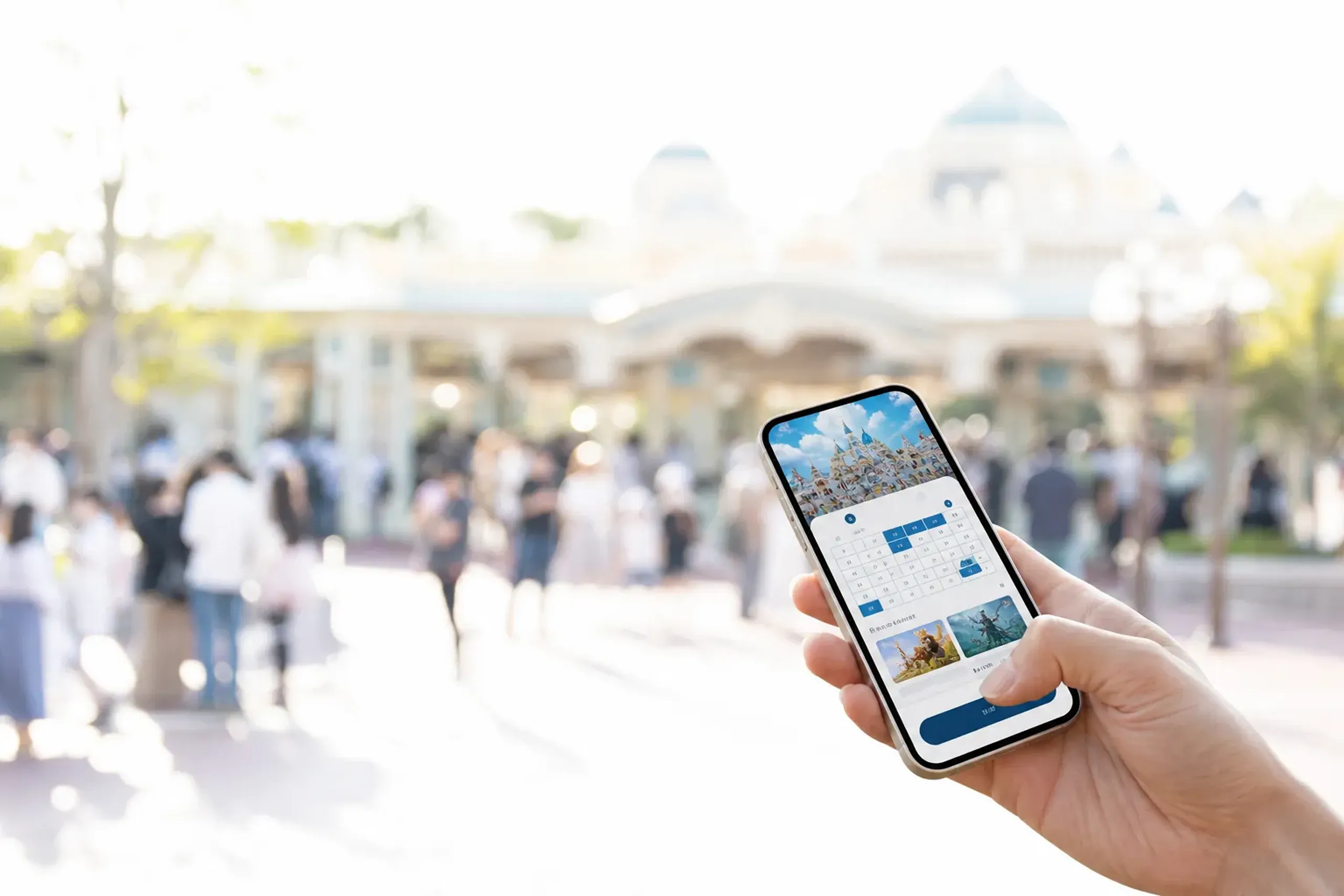 Smartphone displaying a theme-park app used for priority access planning in summer