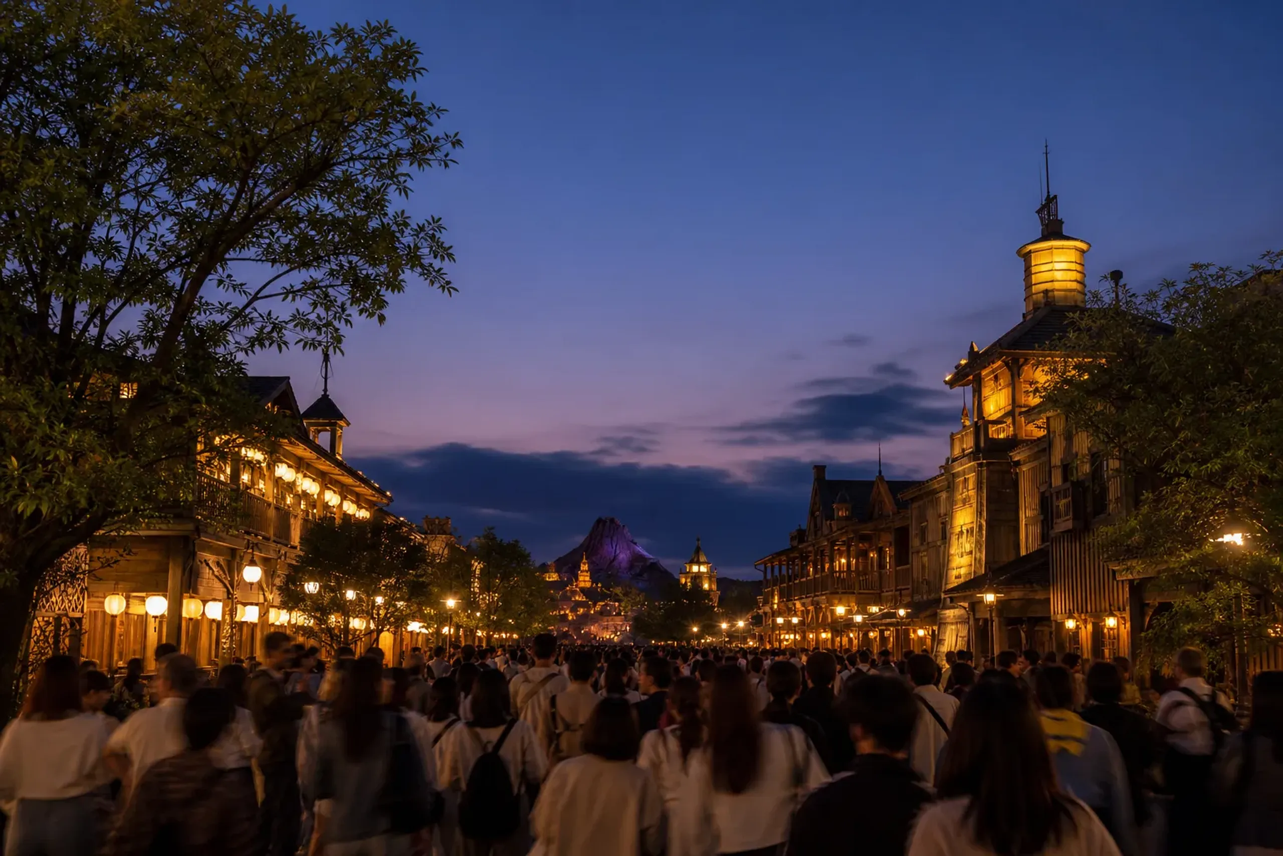 Universal Studios Japan at night during summer with guests walking under illuminated lights