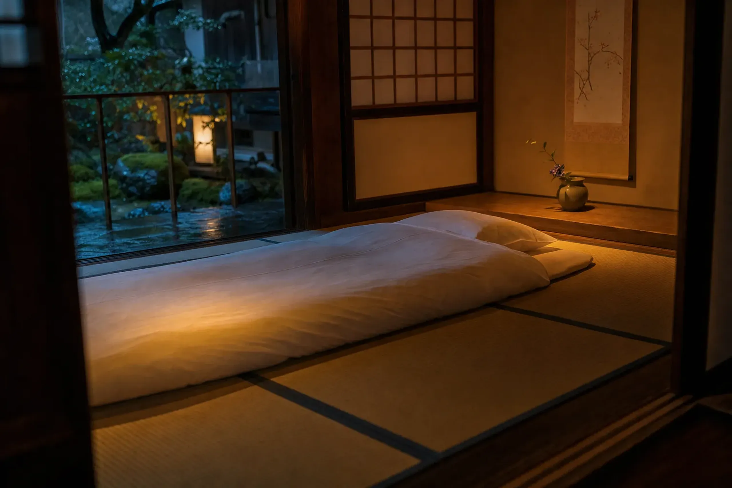 A tatami guest room at a traditional Japanese ryokan inn, with a futon laid out, shoji paper screens, and a tokonoma alcove, seen in warm evening light