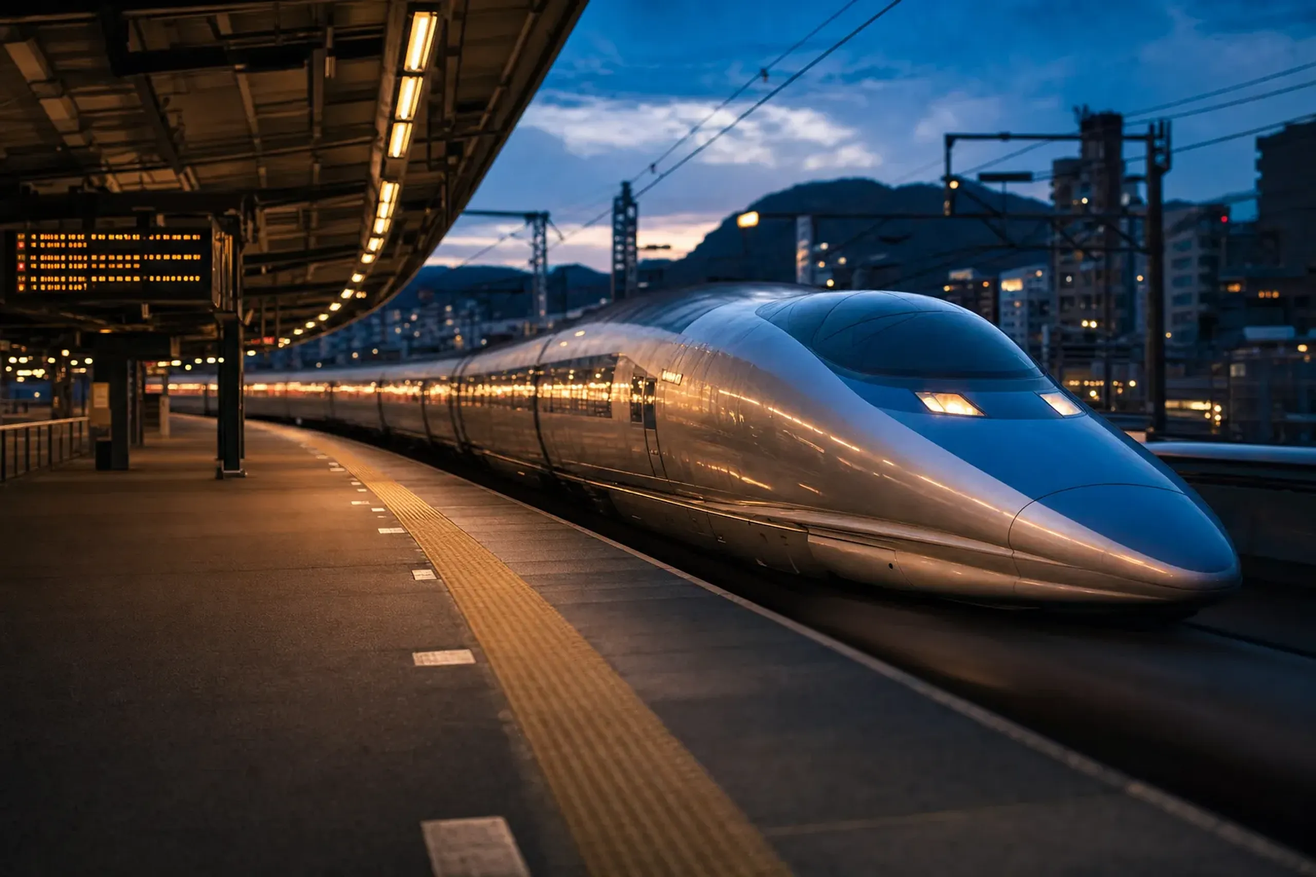 A Shinkansen bullet train departing a Tohoku station platform at dusk, its sleek nose catching the station lights