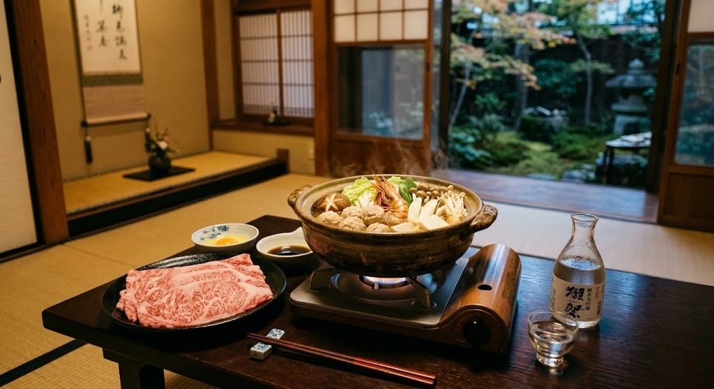Traditional Japanese tatami dining room with a clay pot hot pot on a portable stove, surrounded by beef slices and vegetables ready to cook, plus sauces and sake nearby on a dark wooden table.
