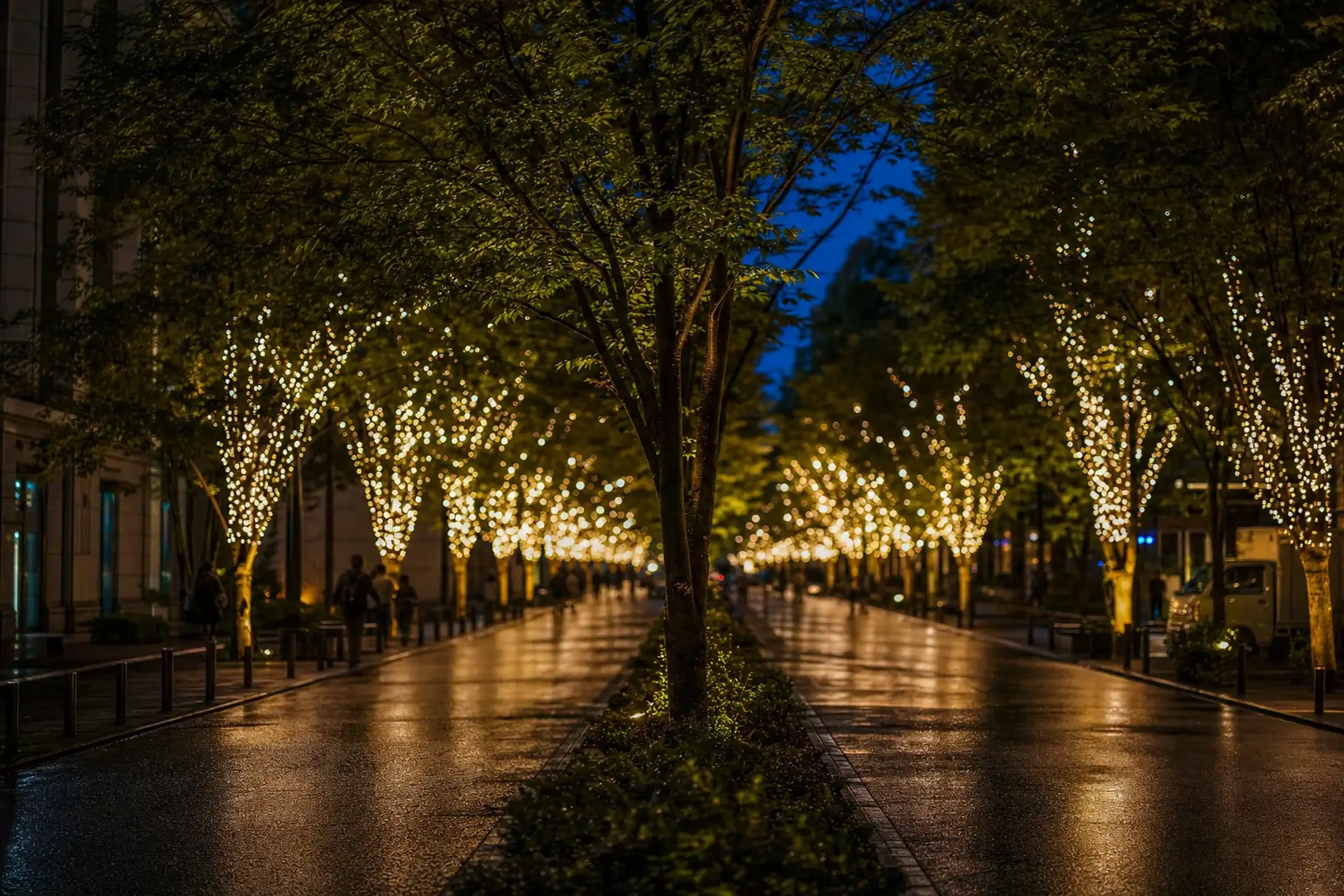 A wide Tokyo avenue lined with bare winter trees strung in white and champagne-colored lights against the cold dry evening air