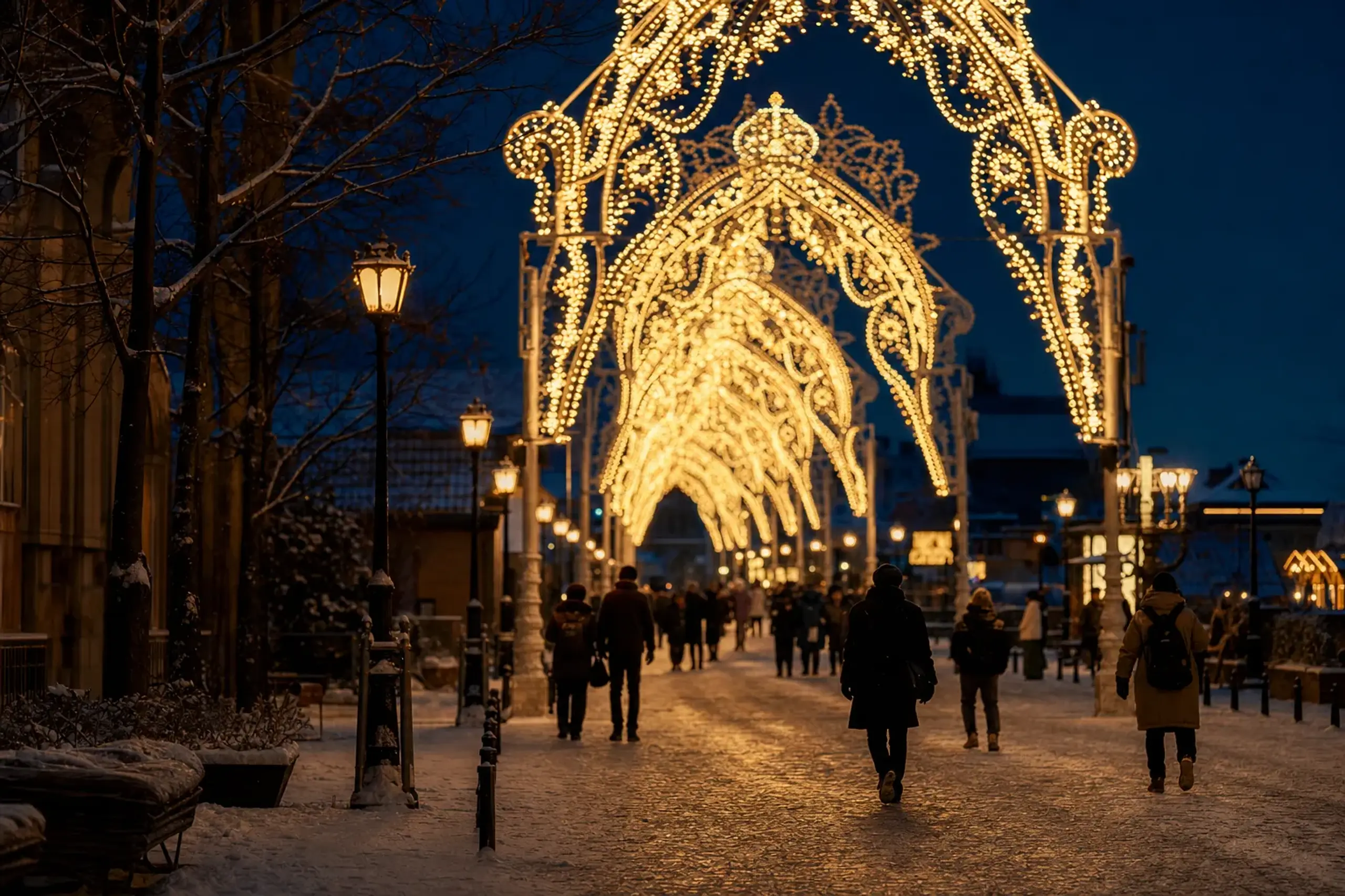 The illuminated arched structures of Kobe Luminarie standing in the cold night streets of Kobe