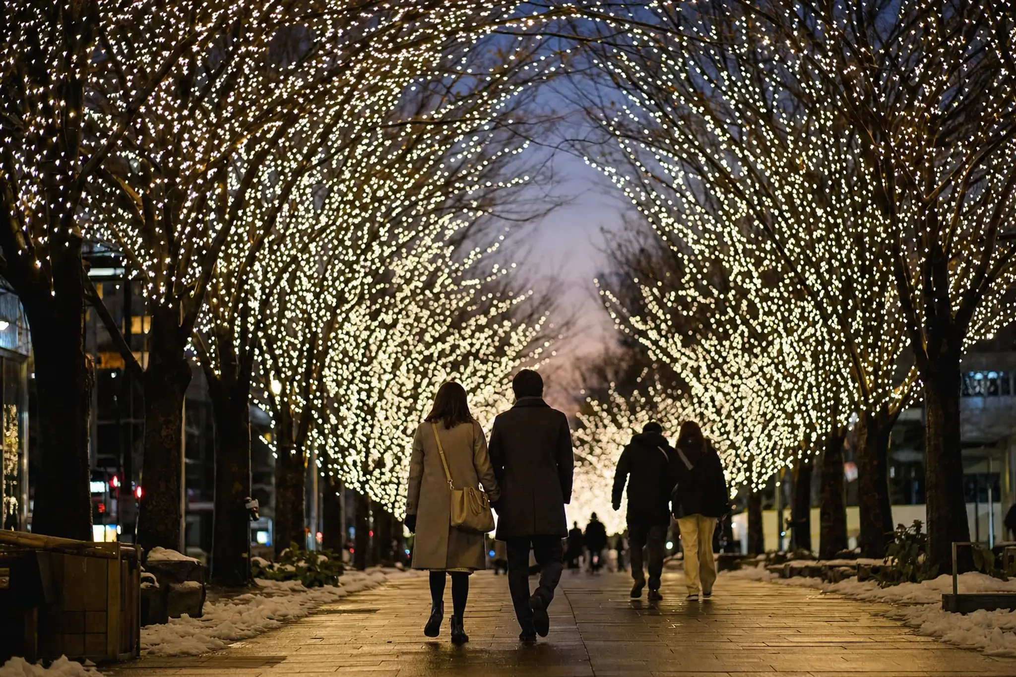 A Tokyo tree-lined avenue lit with white illumination at sunset with couples walking slowly beneath the lights