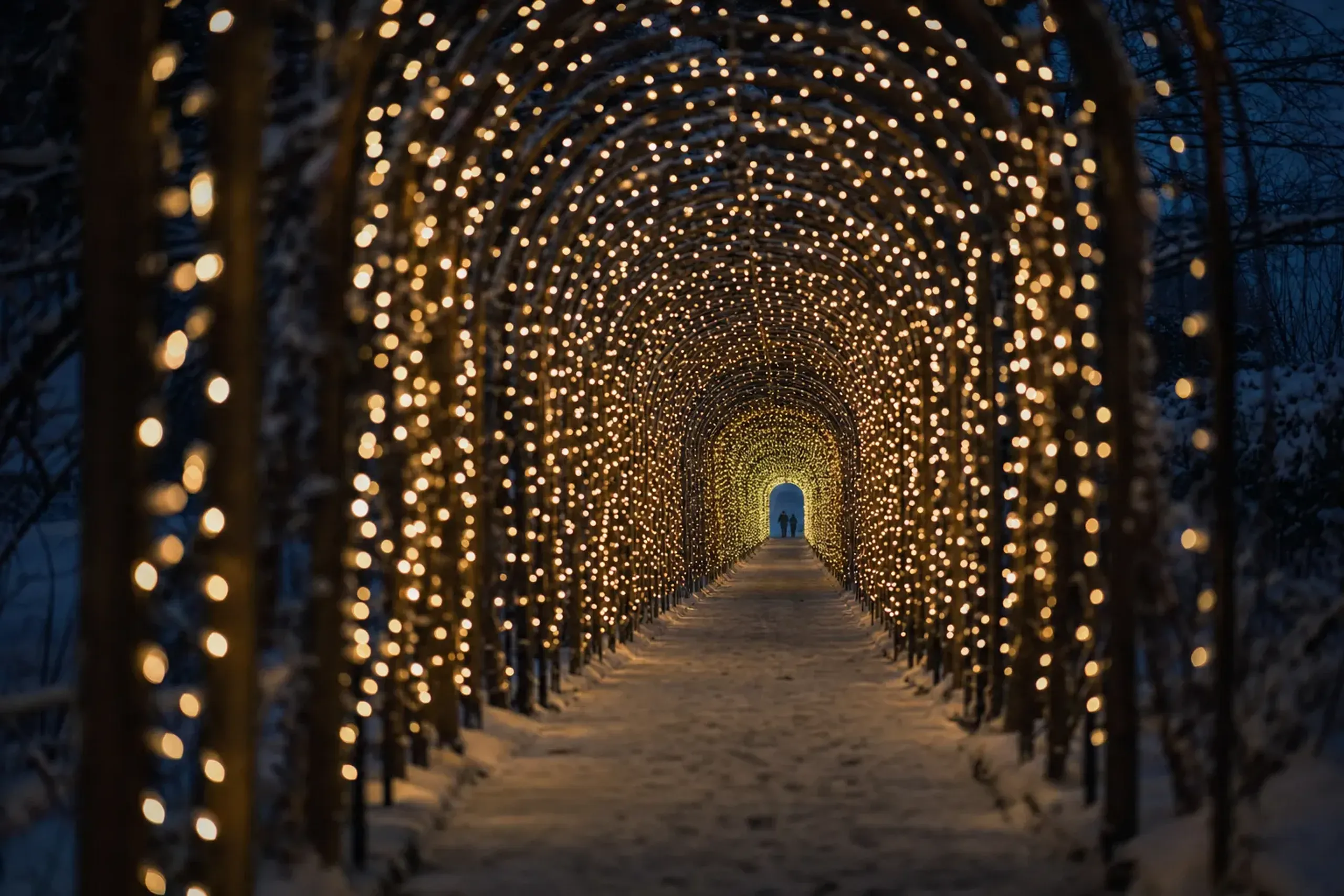 The long tunnel of light at Nabana no Sato flower park glowing on a quiet weekday winter evening