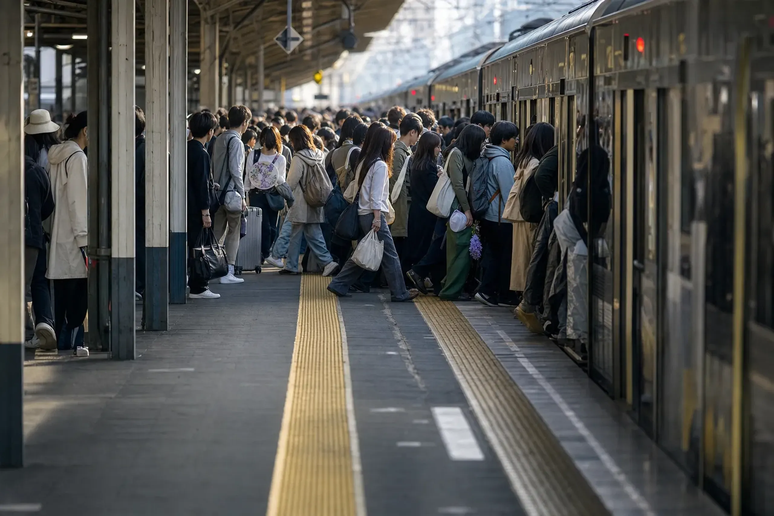 packed train platforms near Ashikaga during Golden Week, crowds compressing along the station edge at peak wisteria season