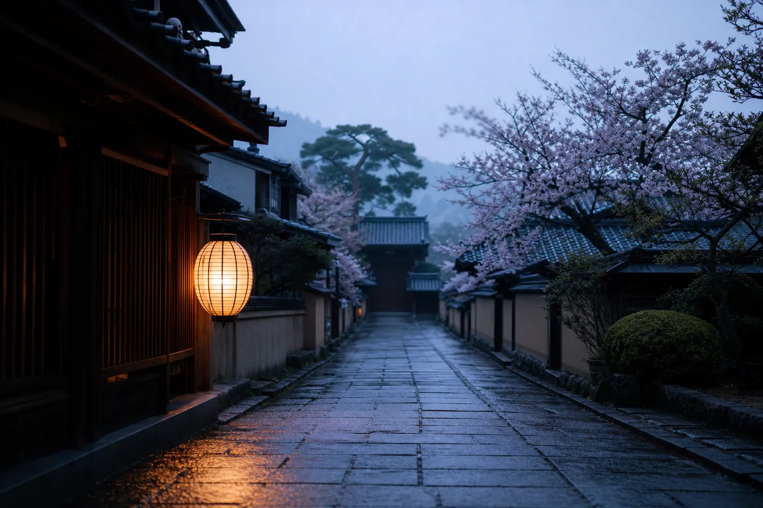 Empty Kyoto temple approach at dawn with lantern light and no crowds