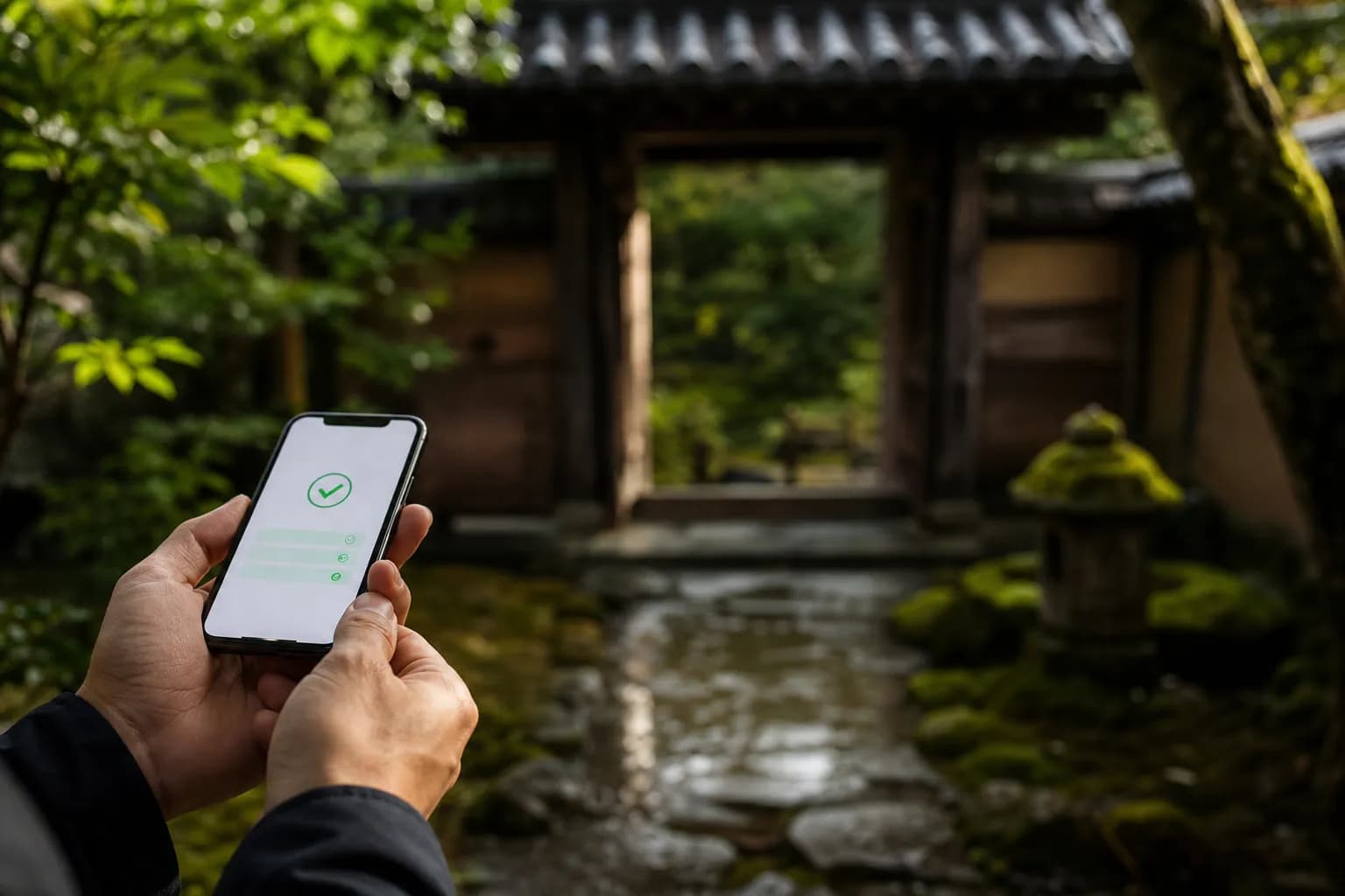 Hands holding a smartphone reservation confirmation with a Kyoto garden gate in the background
