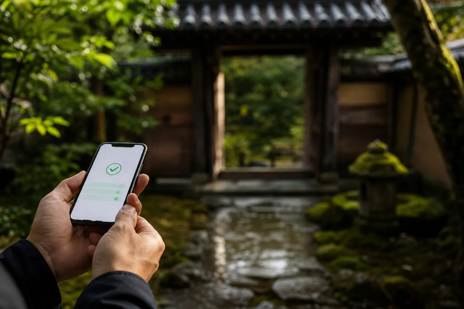 Hands holding a smartphone reservation confirmation with a Kyoto garden gate in the background