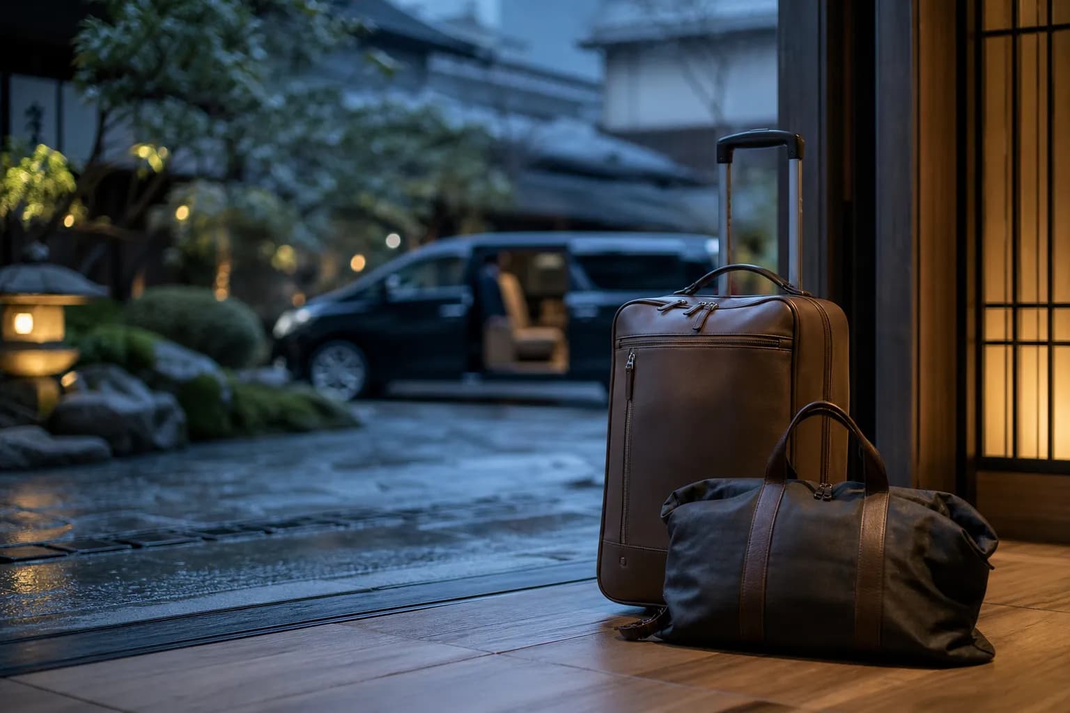 Packed luggage by a Kyoto hotel doorway with a chauffeured minivan outside in morning light
