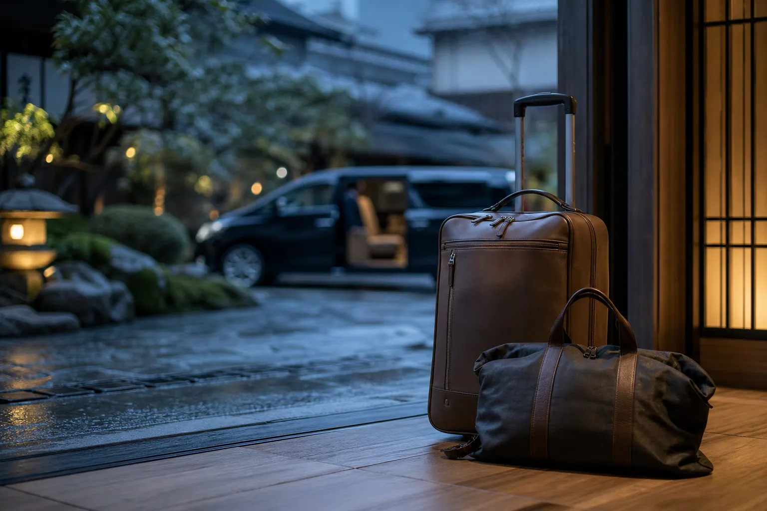 Packed luggage by a Kyoto hotel doorway with a chauffeured minivan outside in morning light