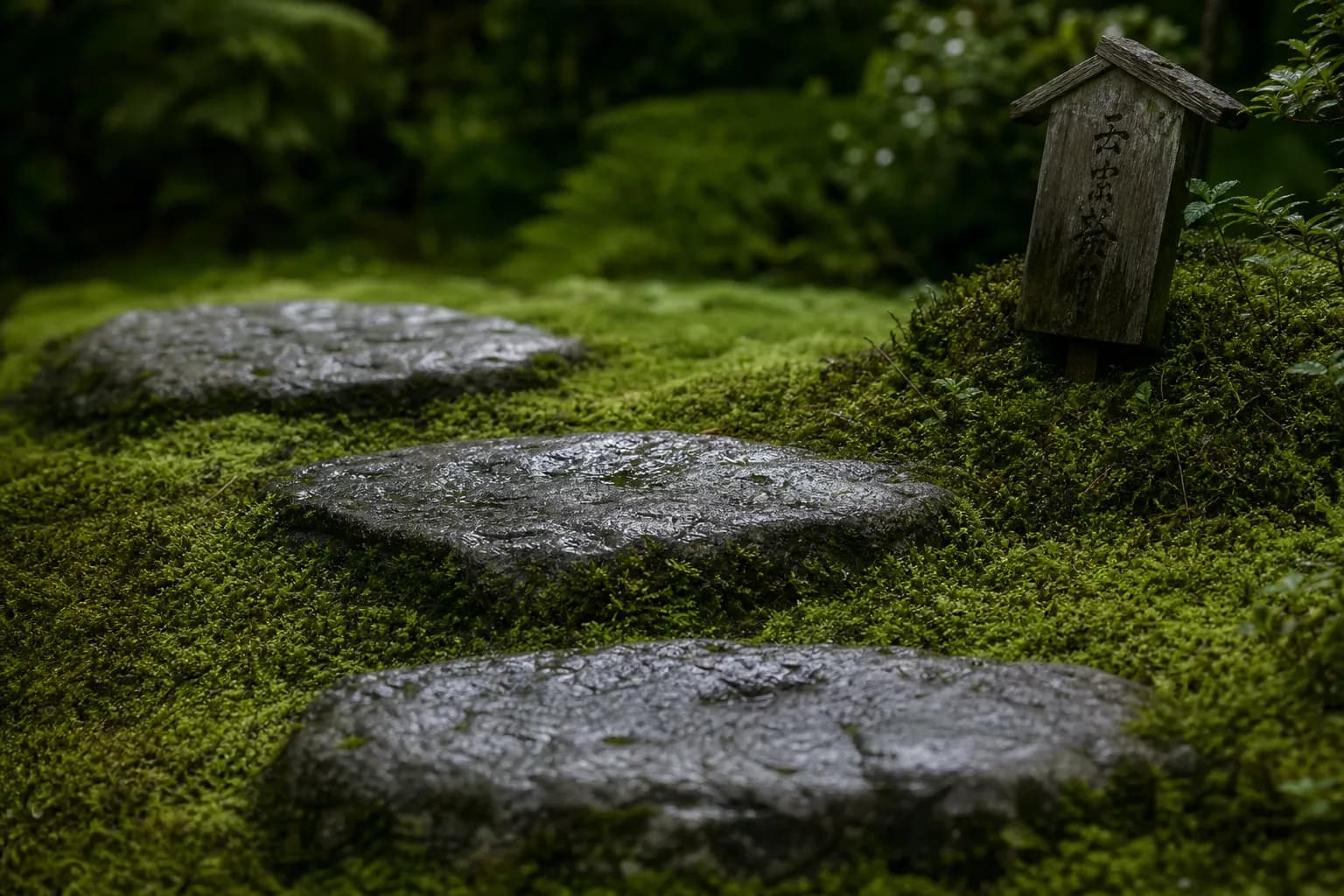 Mossy stepping stones on a shaded Kyoto garden path with subtle wooden signage