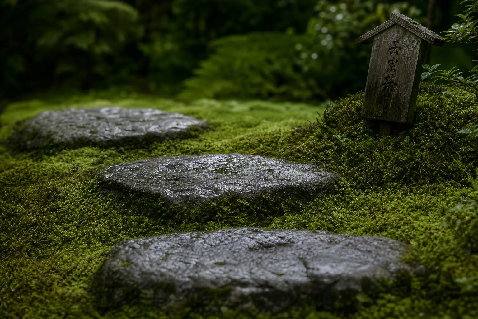 Mossy stepping stones on a shaded Kyoto garden path with subtle wooden signage