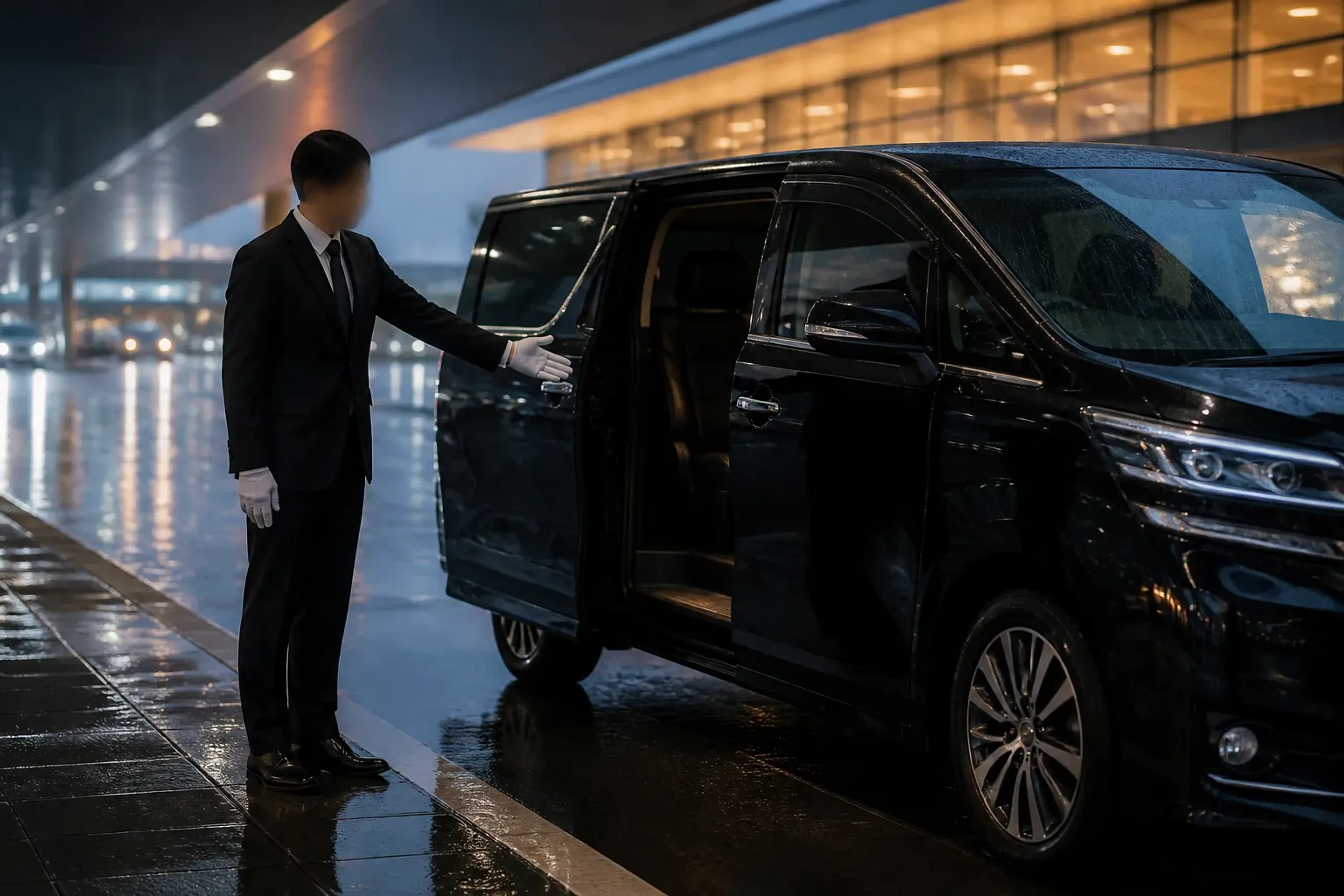 Chauffeured car waiting at a Tokyo airport arrivals curb at dusk for a private transfer