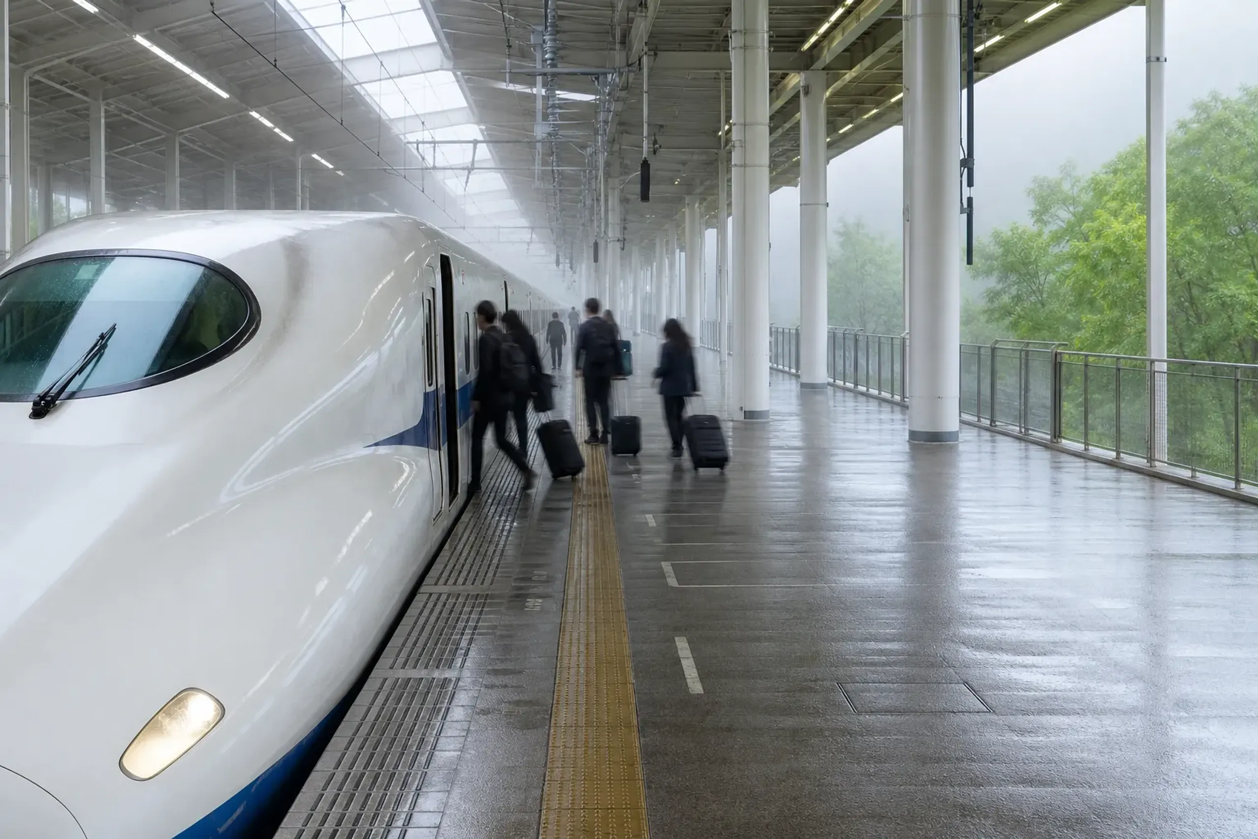 A Shinkansen bullet train at a station platform on the Tokyo to Kyoto corridor