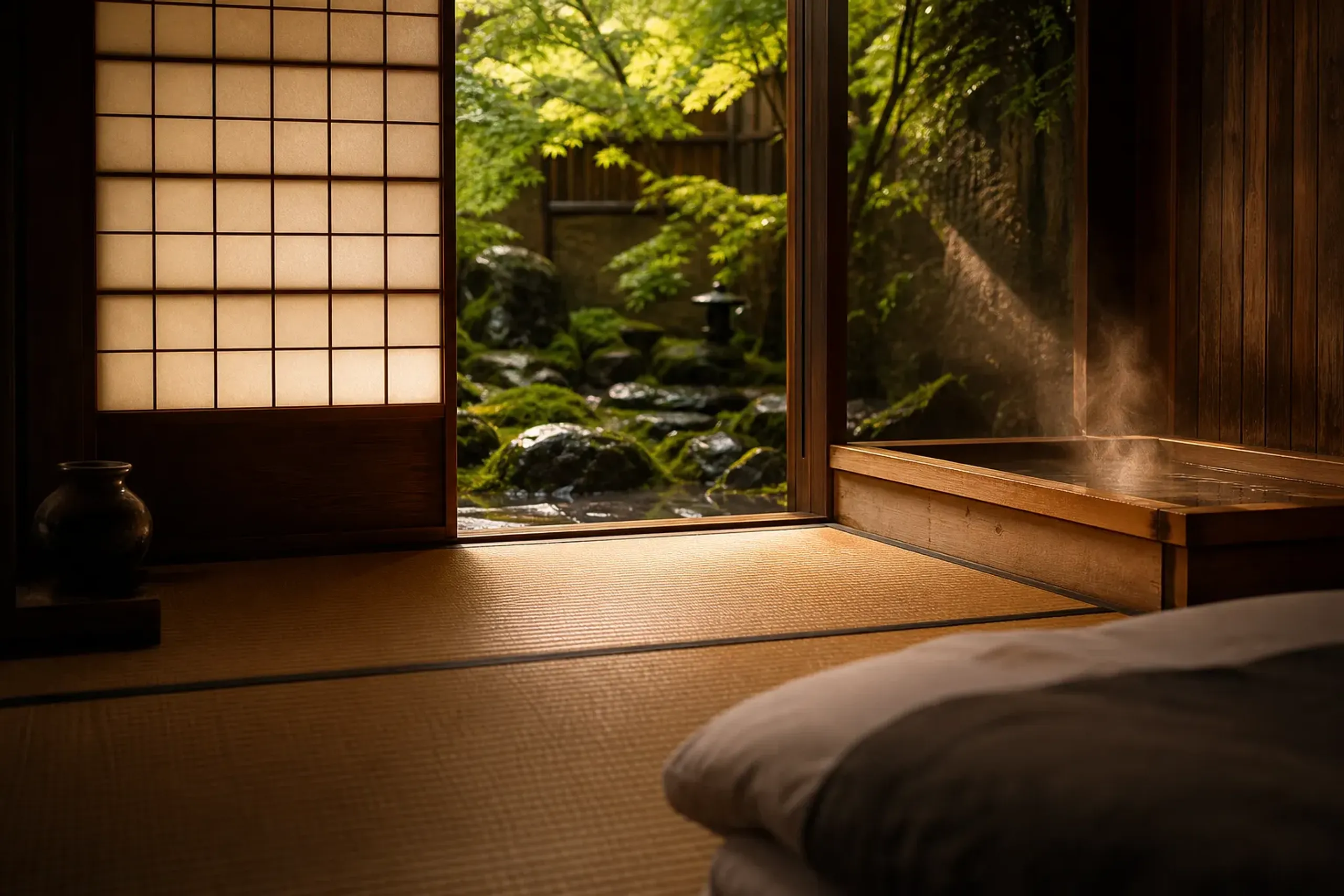 Traditional ryokan room with tatami mats, cypress bath, and garden view through shoji screens