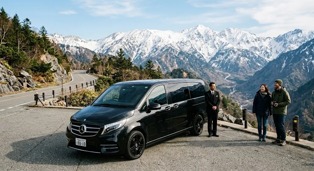 A luxury black van parked at a mountain overlook with two people admiring snowy peaks and a professional driver standing nearby on a paved road.