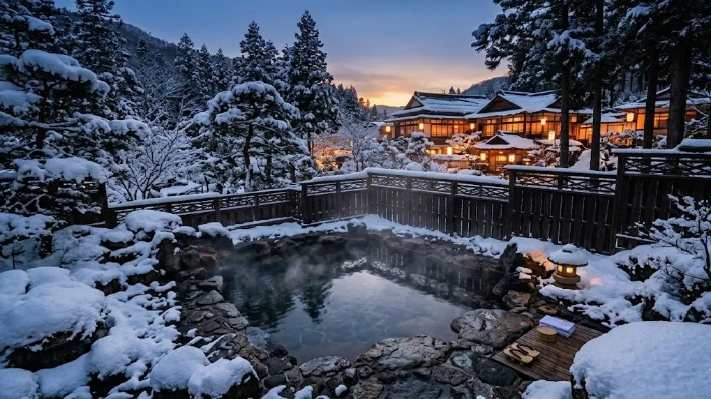A wide photograph at twilight of a peaceful outdoor Japanese hot spring bath (onsen) surrounded by snow-covered rocks and heavy pine trees, with warm steam rising.