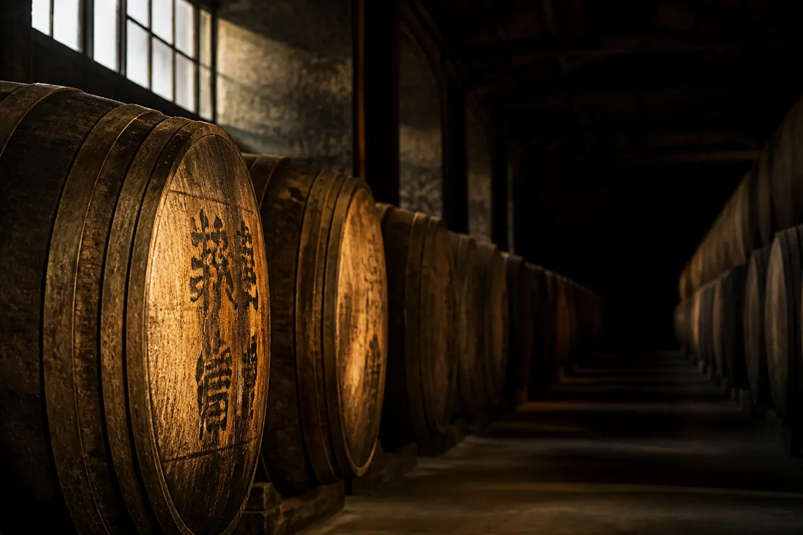 Japanese whisky warehouse with rows of aging casks under low light