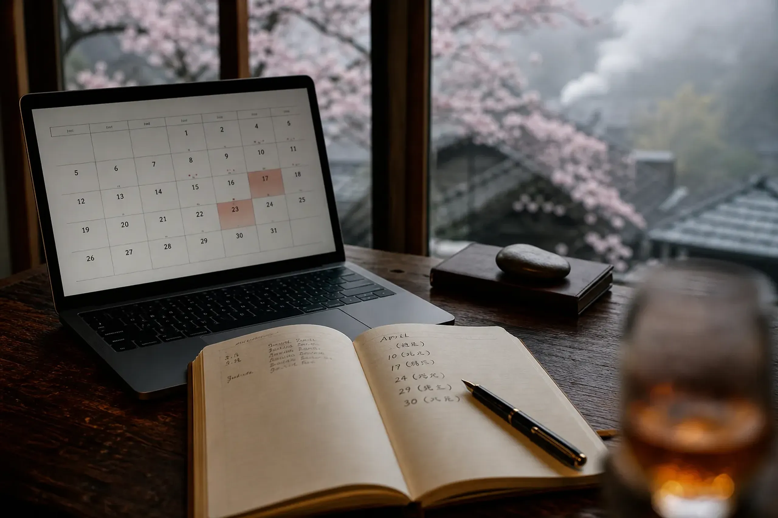Reservation calendar and travel notebook used to plan a whisky distillery visit in Japan
