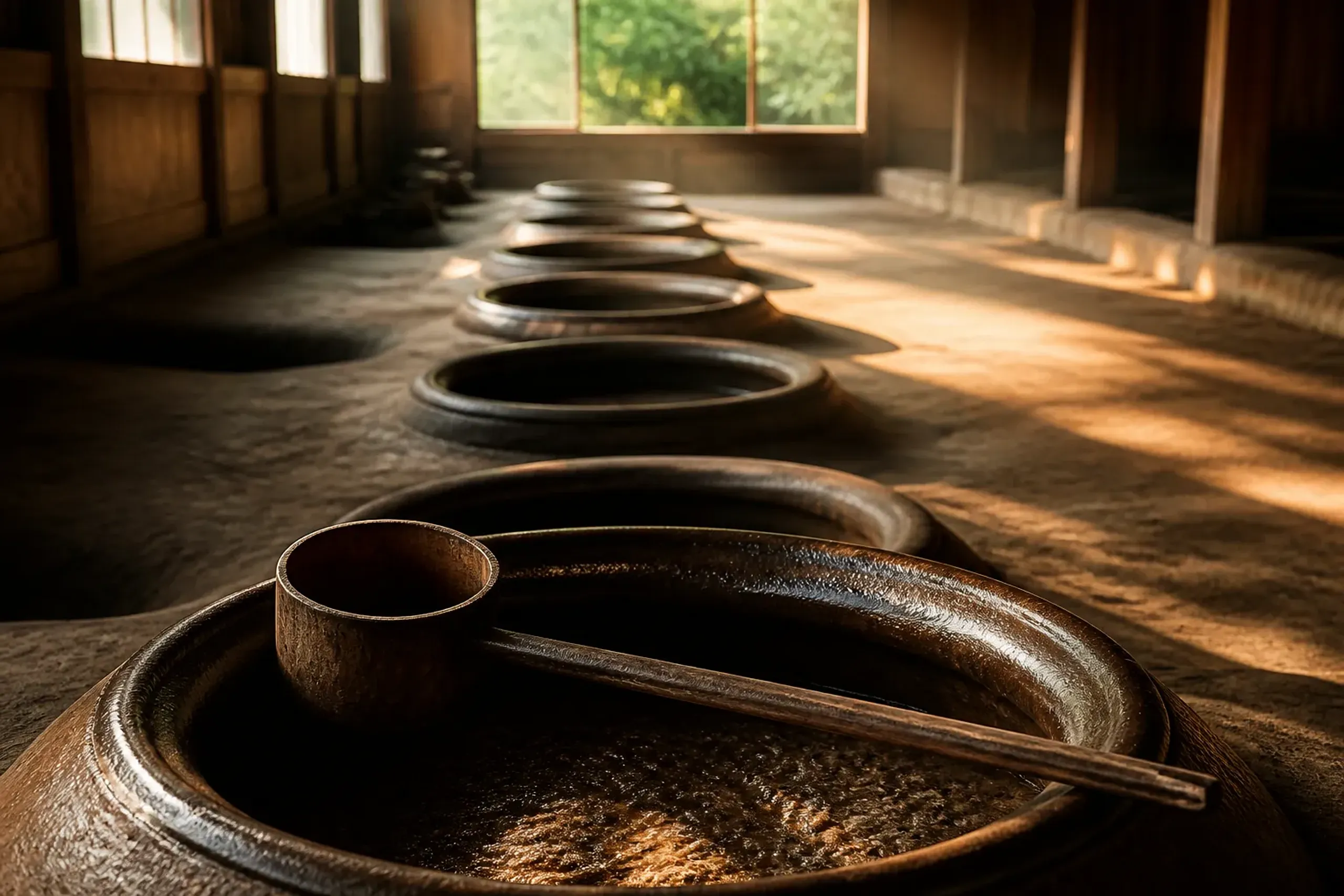 Earthenware jars used in shochu making in Japan