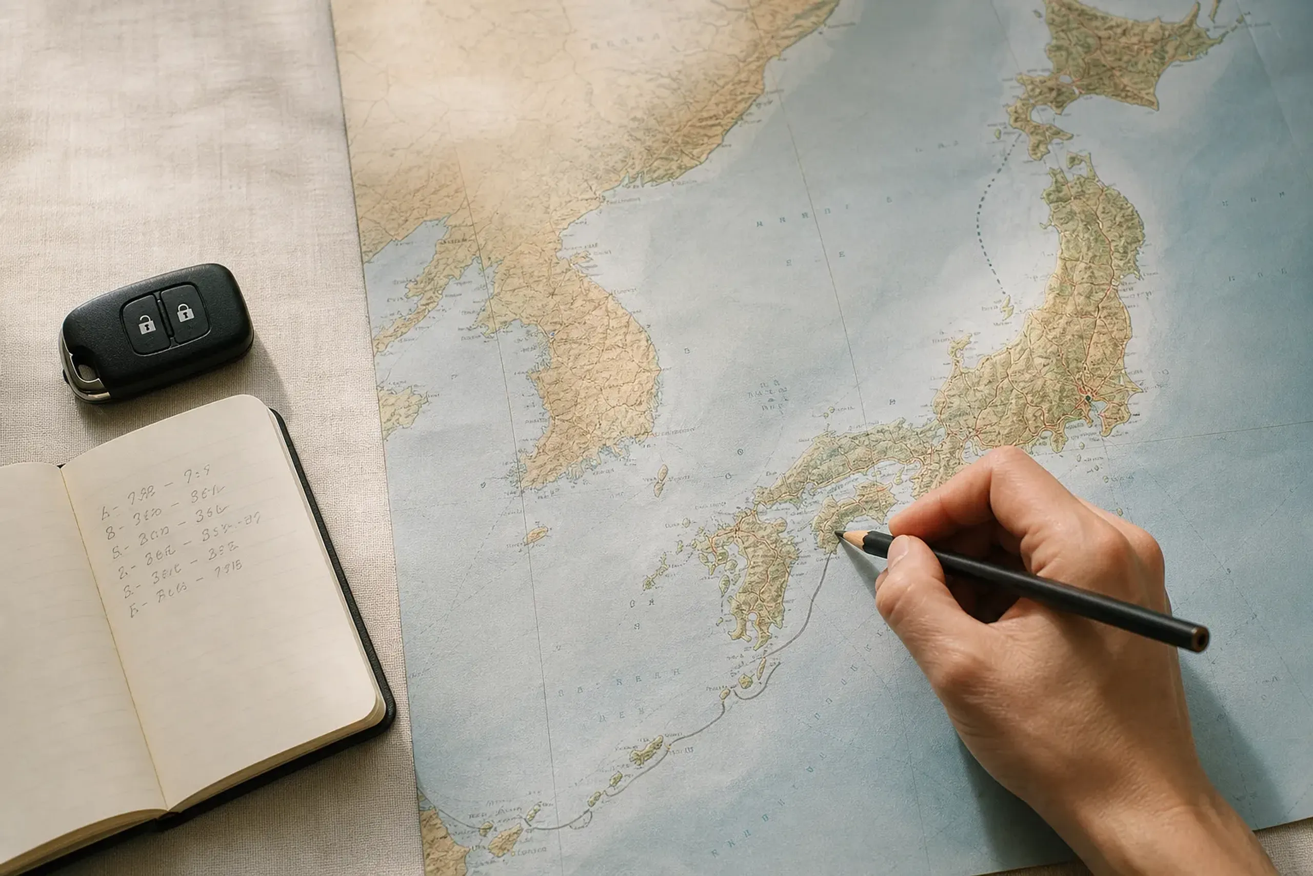 Hand tracing a travel route across Japan on a map for a spirits-focused itinerary