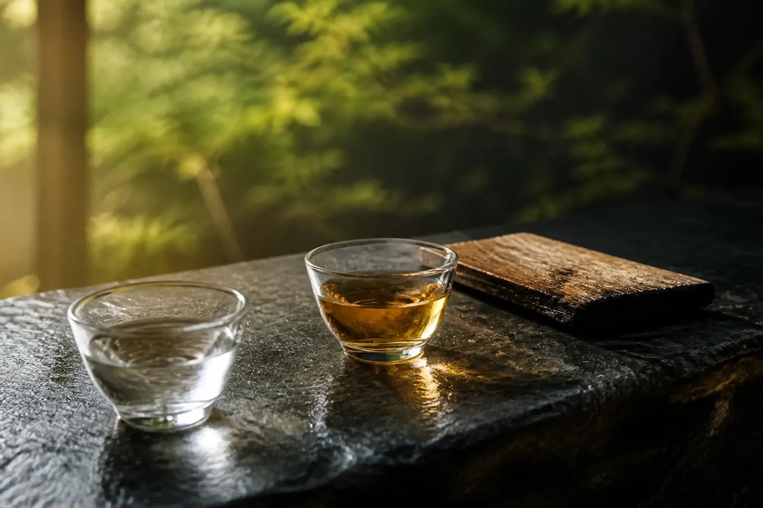 a glass flight of clear imo shochu and amber awamori kusu alongside a mizunara whisky cask stave, arranged on a dark slate surface in a Kagoshima distillery tasting room