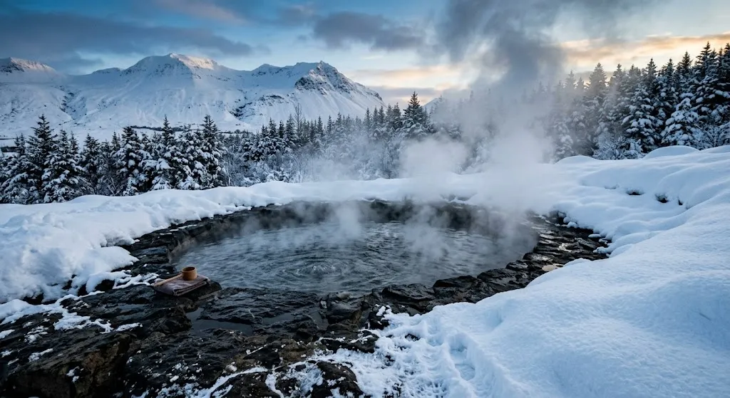 A steaming outdoor hot spring bath carved from dark rock, surrounded by deep, pillowy white snow with thick clouds of steam rising into the cold, serene winter air.