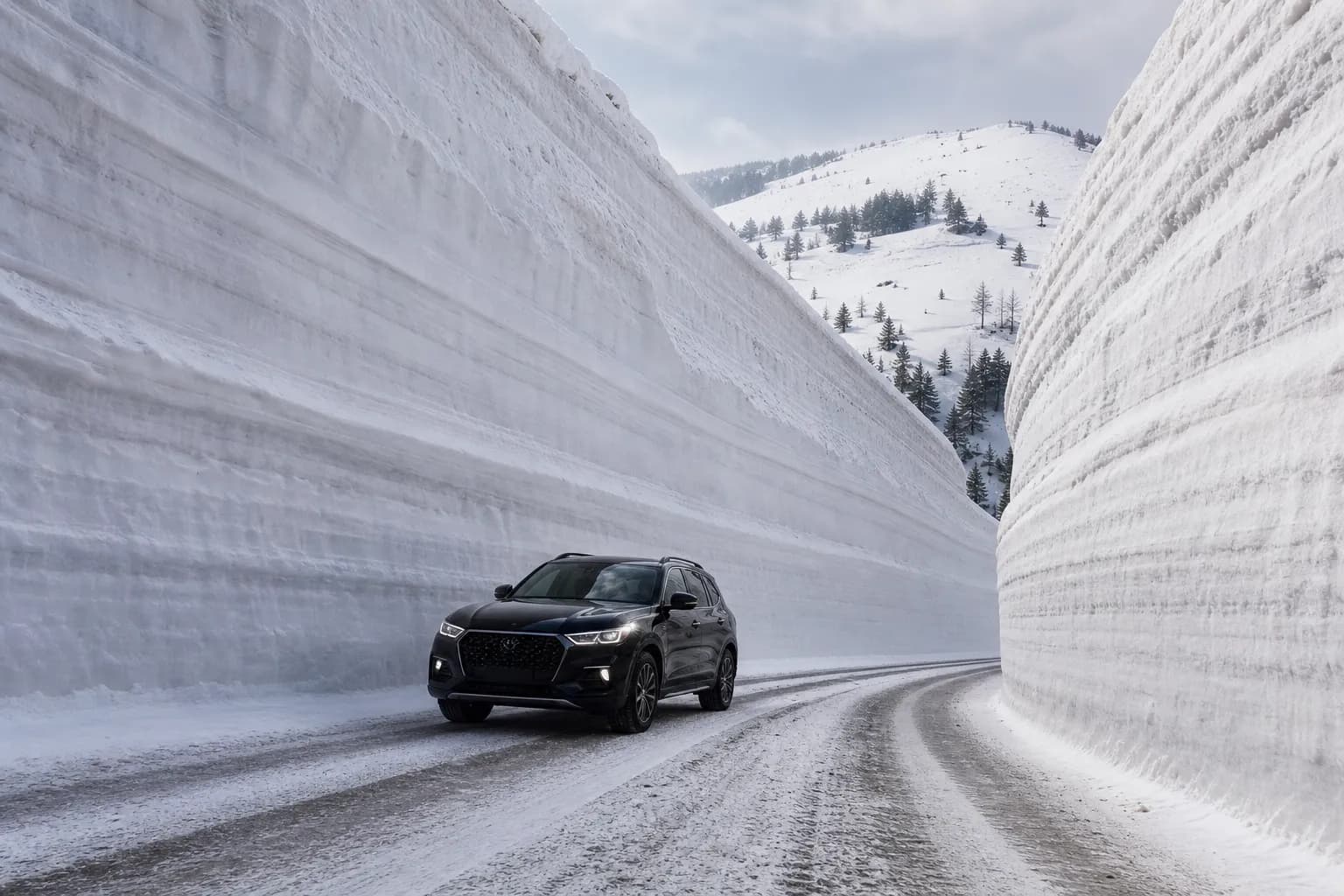 A luxury black SUV drives through a winding mountain pass with massive snow walls on both sides, illustrating safe and professional winter transport to a high-end onsen resort.