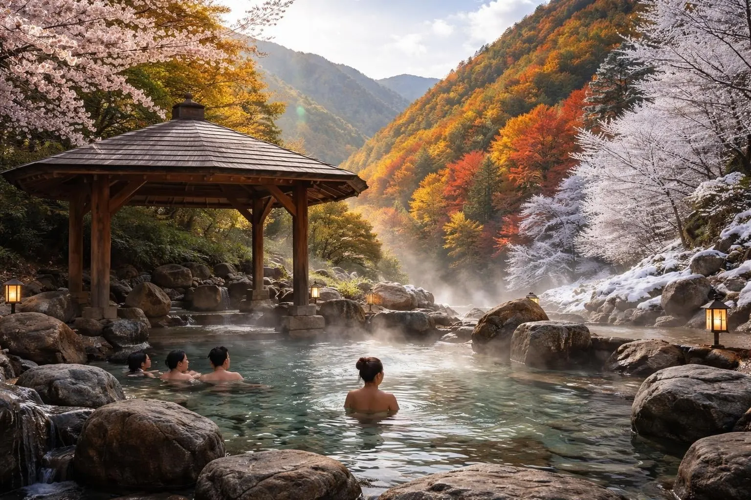 Hot spring pool with several bathers under a wooden pavilion, surrounded by autumn foliage and misty mountains.