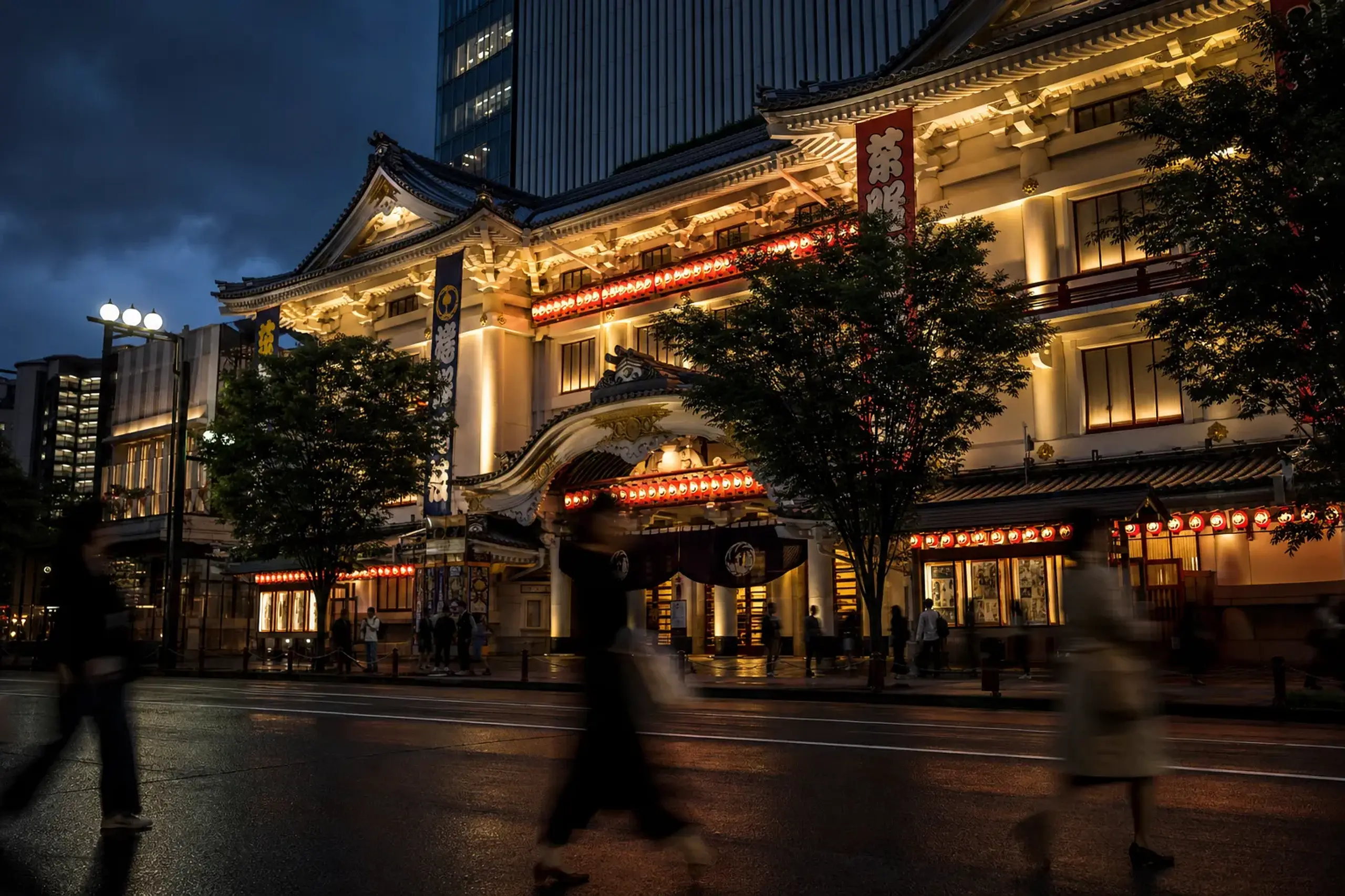Kabuki-za theatre exterior in Ginza at dusk with illuminated signage