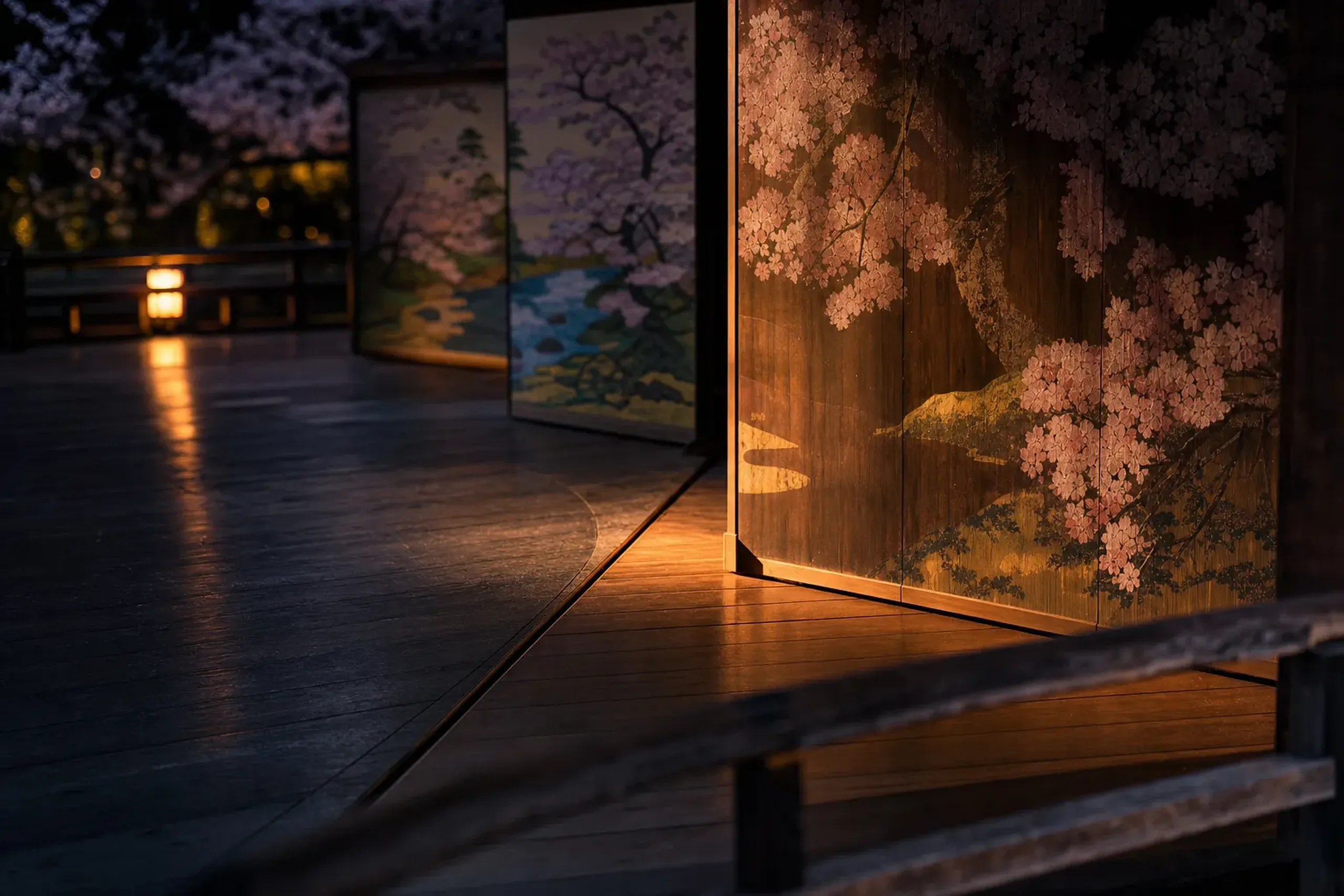 The revolving mawari-butai stage of Kabuki-za mid-rotation during a scene change, with wooden set pieces shifting