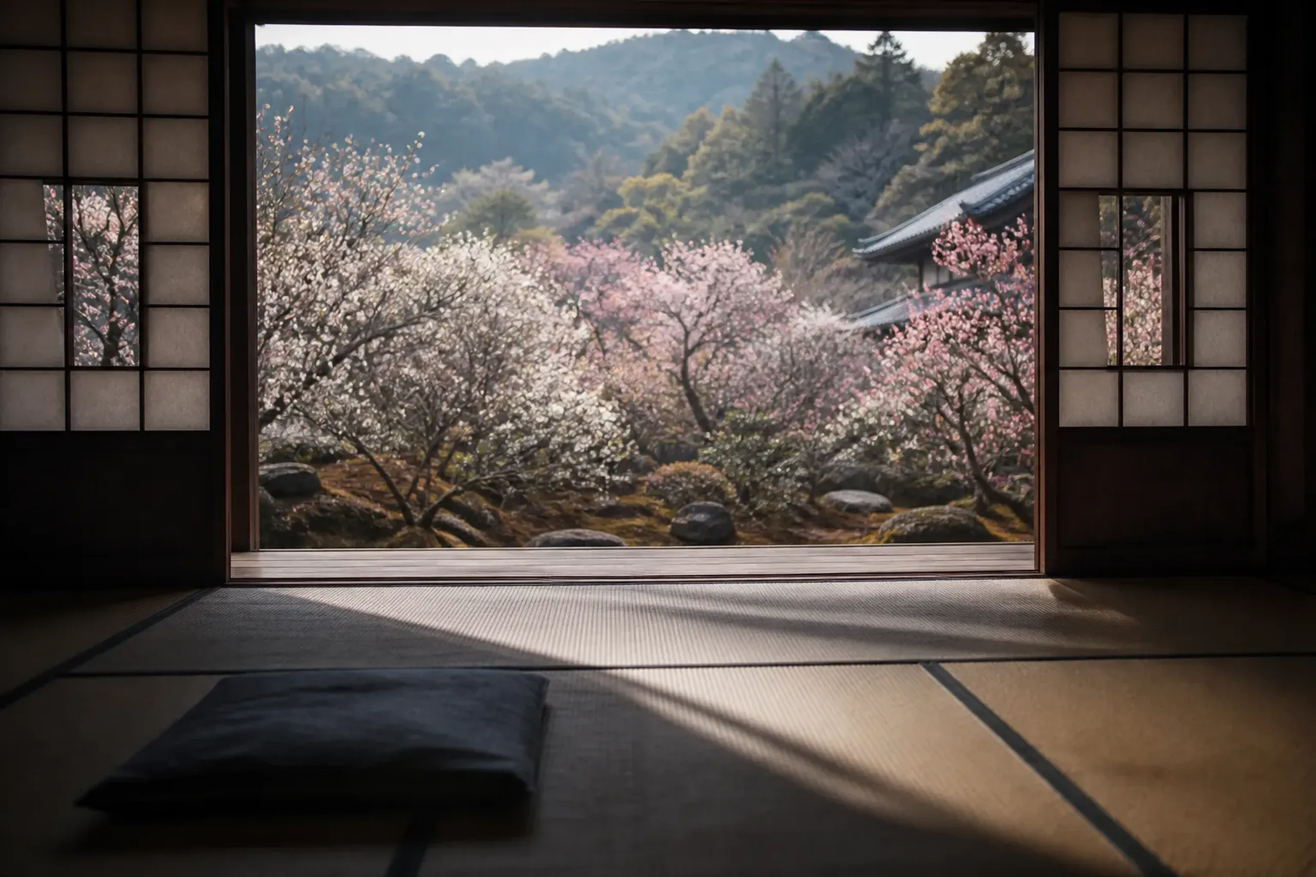Traditional tatami room inside Kōbuntei villa at Kairakuen framing the plum garden through open screens