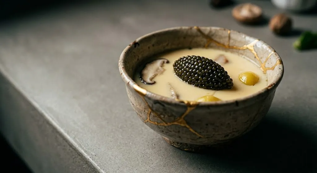 Close-up of a traditional kintsugi ceramic bowl filled with classic Japanese savory egg custard, elegantly topped with modern, sustainable dark caviar, illustrating beautiful culinary innovation.