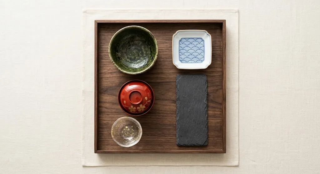 Symmetrical overhead view of a dark wood Kaiseki tray holding five empty, diverse vessels: rustic ceramic, porcelain, lacquer, slate, and glass, illustrating artistic composition and curatorial presentation.