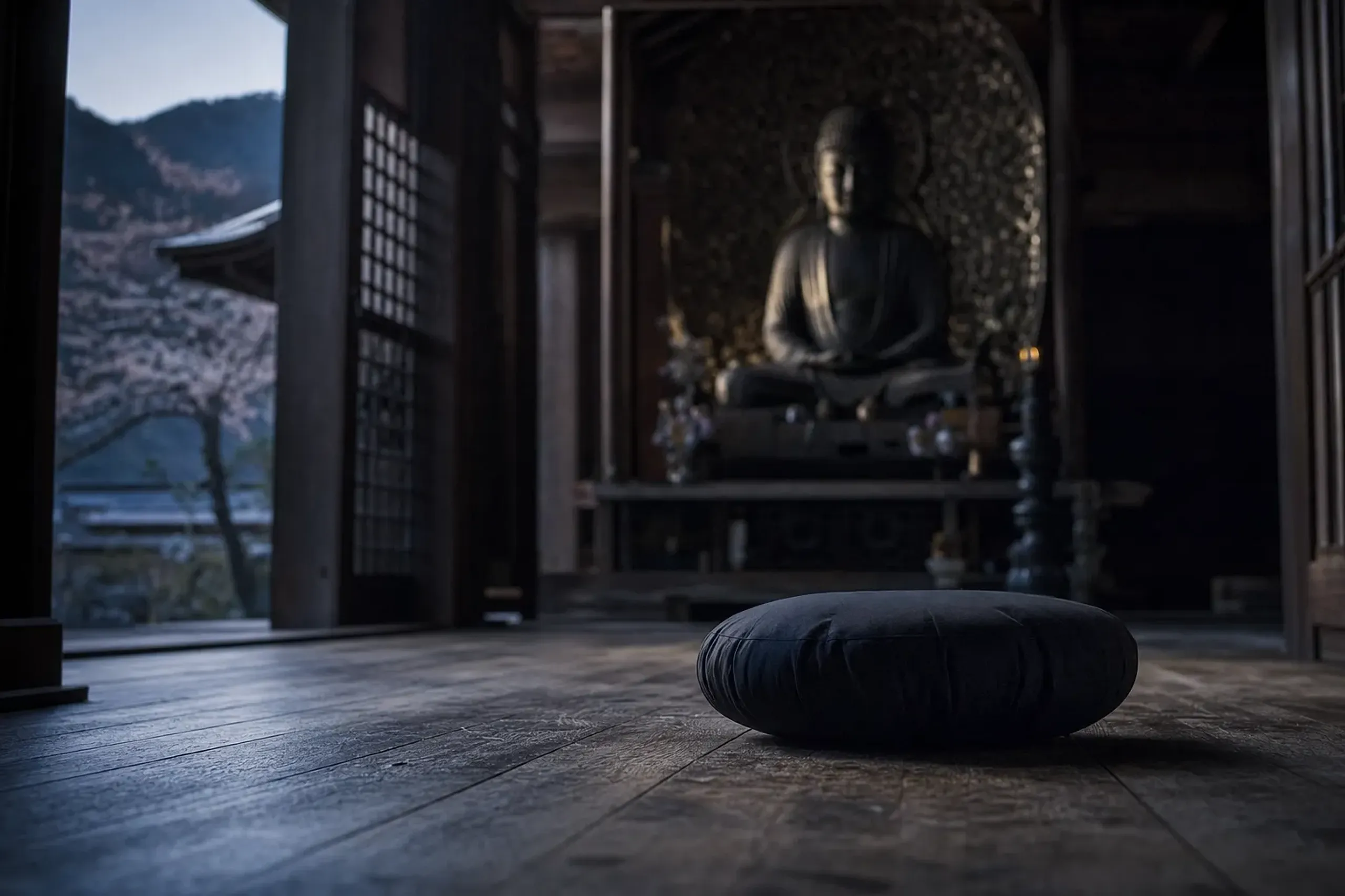 The Butsuden (Buddha Hall) of Engaku-ji at pre-dawn, a single meditation cushion on the cold wooden floor before the seated Buddha statue