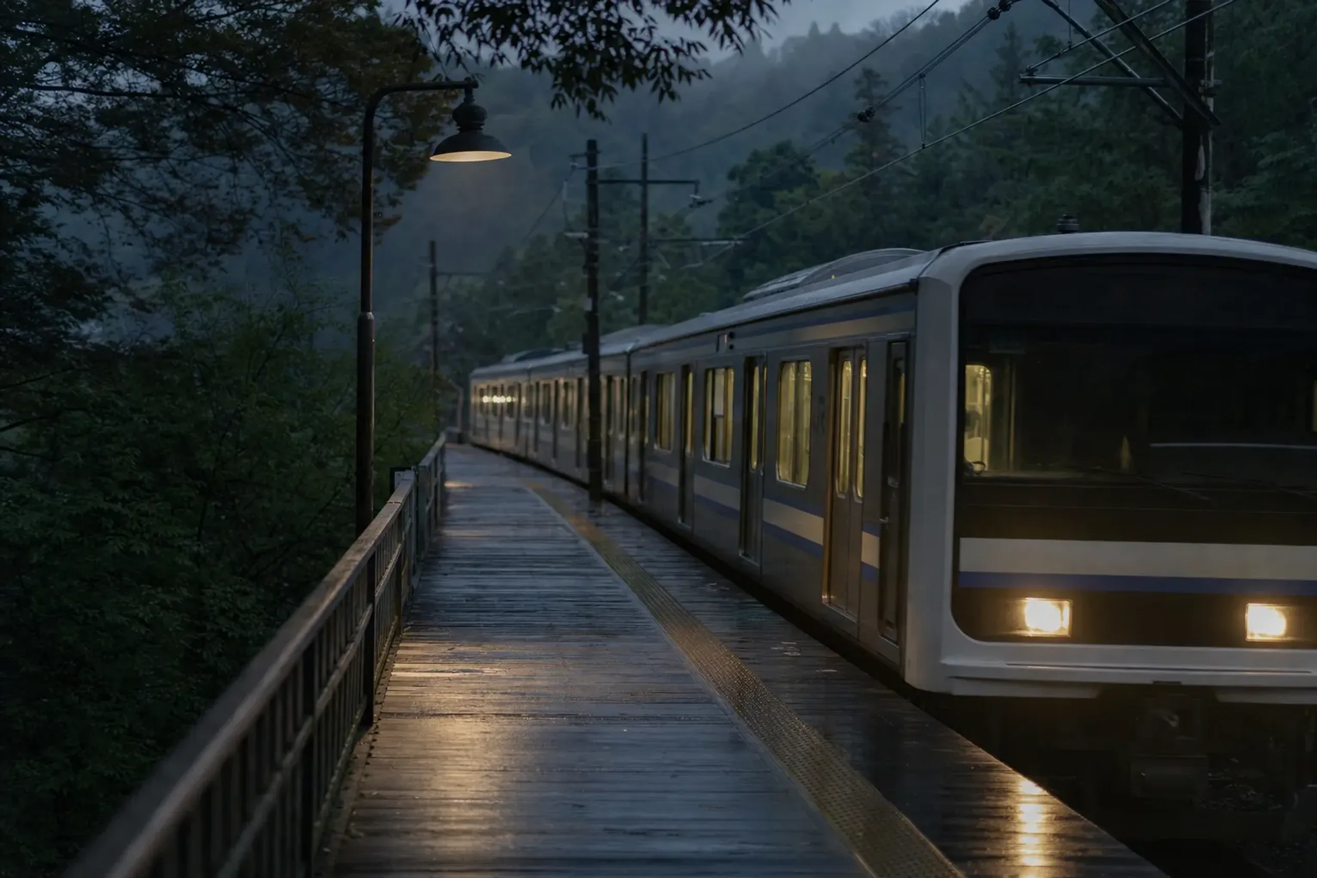 A JR Yokosuka Line train arriving at Kita-Kamakura Station platform in the half-light of early morning