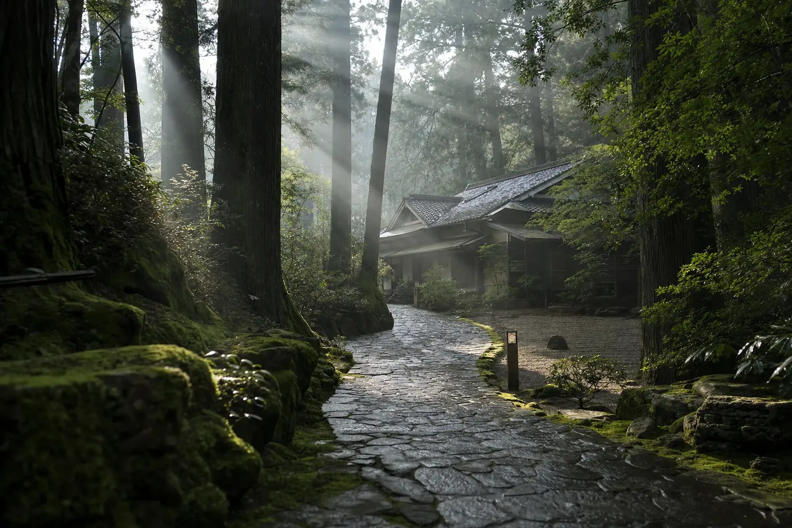 Traditional wooden cottage of Kamenoi Besso set among cedar trees in Yufuin