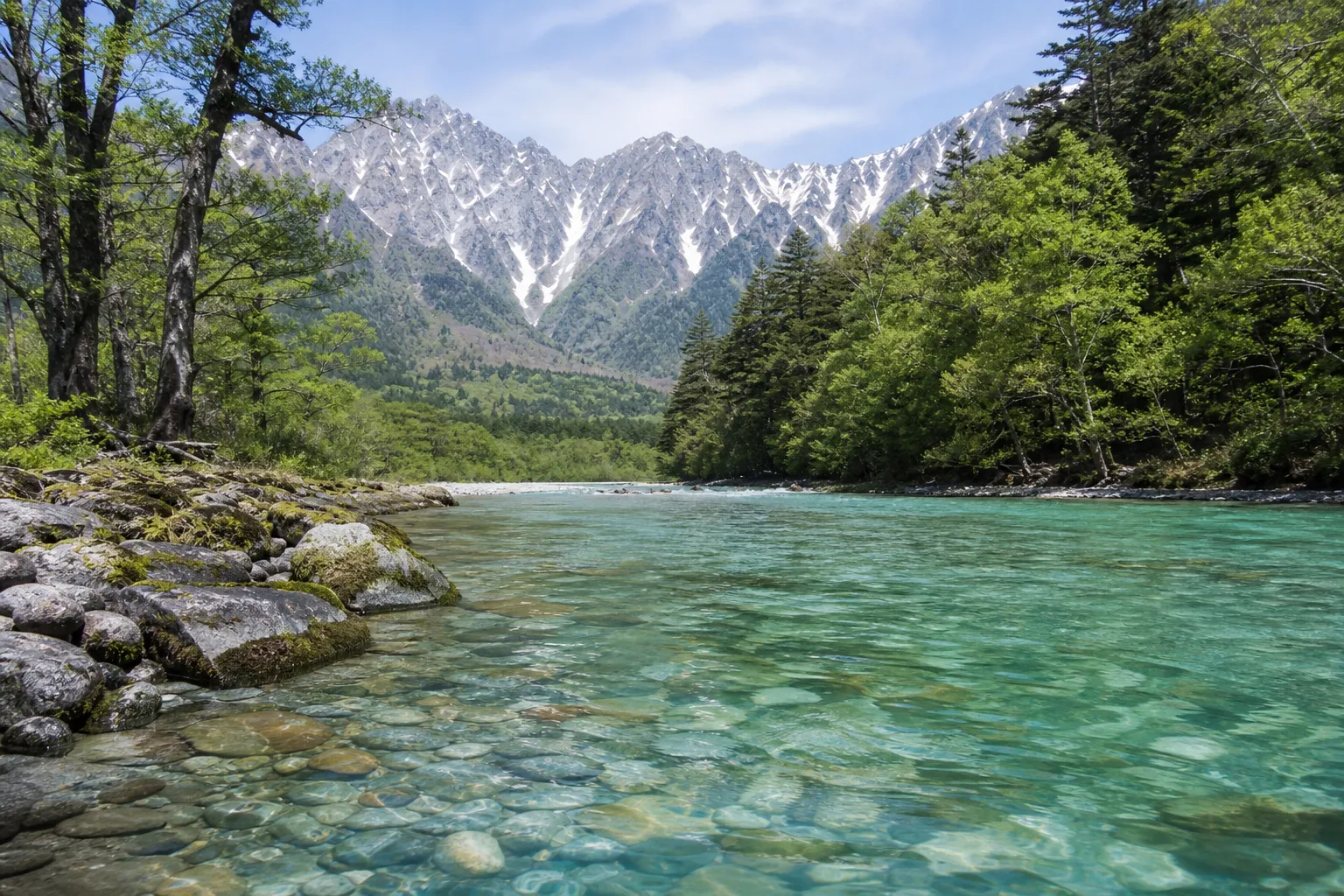Turquoise Azusa River flowing through Kamikochi valley with the Hotaka mountain range behind