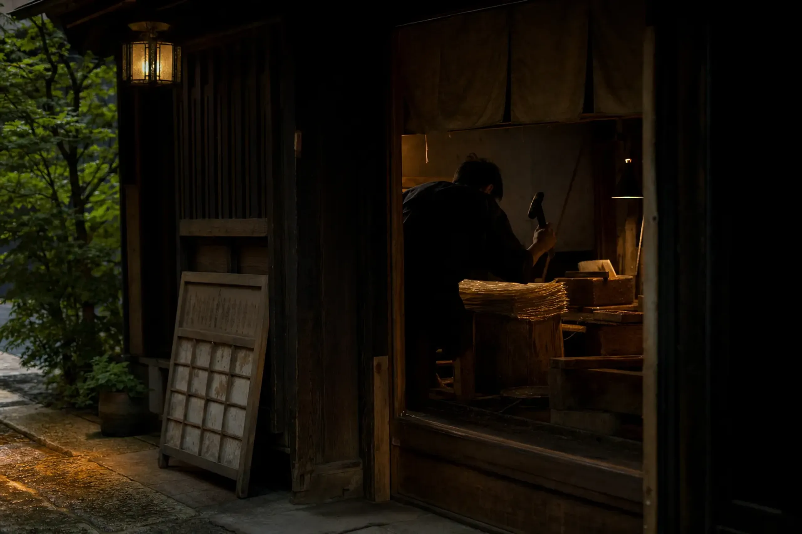 a discreet 1850s-era Kanazawa gold leaf workshop interior with beating hammers and stacked leaf sheets, disguised as a re-striking repair facility